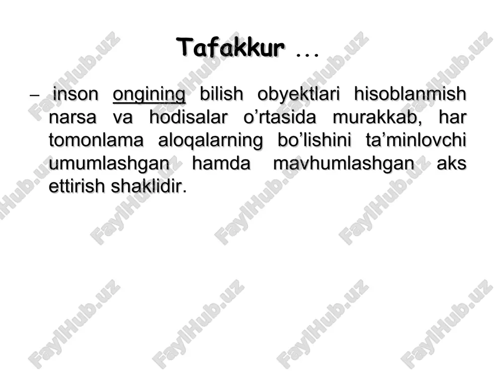 ustun) hisoblanadi. bundaylar gapira boshlashsa, ko’pincha, “faysasuf bo’lib ket-e”, deb ham qo’yishadi. chunki ular o’zlarigacha bo’lgan bilimlar, mantiqiy fikrlash borasidagi yutuqlarga tayanib, doimo to’g’ri gapirishga, doimo fikrlarini mantiqan asoslash – argumentatsiya qilishga harakat qiladilar. tafakkur qilish jarayonining mahsullari tafakkur qilish tishunchalar xulosalar hukmlar hukm 1- hukm: o’zbekiston – mustaqil davlat. 2-hukm: qirg’iziston – mustaqil davlat. 3-hukm: qozog’iston – mustaqil davlat. 4-hukm: turkmaniston – mustaqil davlat. 5-hukm : tojikiston – mustaqil davlat. demak, barcha markaziy osiyo davlatlari – mustaqildir. fikrlash jarayonini ta’minlovchi operatsiyalar klassifikatsiyasi fikrlash jarayonini ta’minlovchi operatsiyalar klassifikatsiyasi analiz (fikran narsa va hodisalarga taalluqli sifat va xususiyatlarni alohida qilib ajratish, tahlil qilish) 1 2 sintez (analiz jarayonida ajratilgan qismlarni yana fikran birlashtirish, qo’shish) 3 mavhumlashtirish (alohida biror xususiyatni ajratib, boshqa- laridan fikrni chalg’itish, ayrim xossani mavhumlashtirish) 4 taqqoslash (predmetlar va ularga xos bo’lgan xususiyatlarni fikran bir-biriga solishtirish, umumiy va farq qiluvchi jihatlarini topish) umumlashtirish (umumiy va muhim sifatlariga ko’ra predmetlarni …