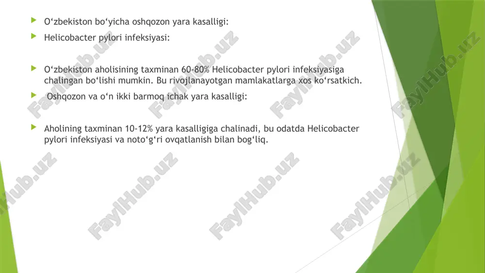 ish (qo'llarni yuvish, iflos ovqat va suv iste’molidan qochish).infeksiyani erta aniqlash va davolash. sog'lom ovqatlanish: achchiq, sho'r, yog'li, va juda issiq ovqatlardan voz kechish. ovqatlanish tartibini to'g'ri tashkil qilish (oz-ozdan va tez-tez ovqatlanish). spirtli ichimliklar va tamaki mahsulotlarini iste’mol qilmaslik. stressni boshqarish: muntazam ravishda jismoniy mashqlar qilish va stressni kamaytirish usullaridan foydalanish (yoga, meditatsiya va boshqalar).ish va dam olish tartibini to‘g‘ri tashkil qilish. dori vositalaridan ehtiyotkorlik bilan foydalanish: oshqozon yarasi xavfini oshiradigan dorilar (masalan, nsaid dorilar – ibuprofen, aspirin kabi) uzoq muddat qo‘llanishida shifokor maslahatisiz ishlatmaslik. zarurat bo'lsa, shifokor bilan maslahatlashib, oshqozon shilliq qavatini himoya qiluvchi dori vositalarini qo'llash. ikkilamchi profilaktika bo‘yicha asosiy tavsiyalar: helicobacter pylori bakteriyasini butunlay yo‘q qilish: antibiotik davosi: agar kasallik helicobacter pylori bilan bog'liq bo'lsa, bakteriyani yo‘q qilish uchun tavsiya etilgan antibiotiklar kursini to'liq tugatish kerak. davo oxirida bakteriya yo‘q qilingan-qilinmaganini tekshirish uchun shifokorga ko‘rinish. dori-darmonlar iste'molini nazorat qilish: oshqozon shilliq qavatiga zarar yetkazishi mumkin bo‘lgan …