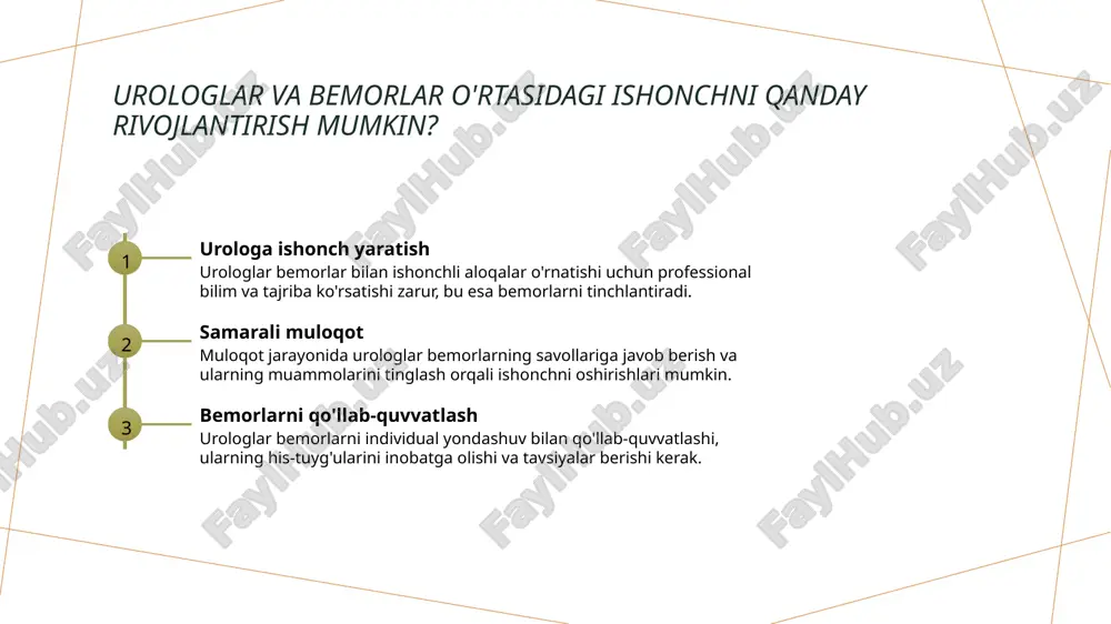 adi. 3 psixologik qo'llab-quvvatlash urologik muammolar ko'pincha psixologik bosim keltiradi; shuning uchun urologlar bemorlarga ichki his-tuyg'ularini bo'lishish imkoniyatini yaratadi. 4 reabilitatsiya yordami urologik muammolardan keyin reabilitatsiya jarayoni muhimdir; bu bemorlarning sog'lig'ini tiklash va hayot sifatini yaxshilashga yordam beradi. urologiya va bemor parvarishi: amaliyotdagi eng yaxshi tajribalar. urologiyada menejment urologiyada bemor parvarishi uchun samarali menejment yondashuvlari, bemorlar bilan muloqot va muvofiqlikni ta'minlaydi, natijalarni yaxshilaydi. individual yondashuv har bir bemorning o'ziga xos ehtiyojlarini hisobga olish, individual yondashuvni ta'minlash orqali urologik muammolarni aniqlash va davolashda muhimdir. innovatsion usullar urologiya sohasida zamonaviy diagnostika va davolash usullari, masalan, robototexnika va telemeditsina, bemor parvarishini yaxshilashda muhim ahamiyatga ega. urologik kasalliklarni aniqlashda zamonaviy diagnostika usullari. 1 zamonaviy tasvirlash urologik kasalliklarni aniqlashda ultratovush, kompyuter tomografiyasi va magnit-rezonans tomografiyasi kabi zamonaviy tasvirlash usullari samarali qo'llaniladi. 2 laboratoriya tahlillari urin va qon tahlillari urologik kasalliklarni aniqlashda muhim rol o'ynaydi. ular infektsiya, buyrak toshlari va boshqa muammolarni aniqlashga yordam beradi. 3 …
