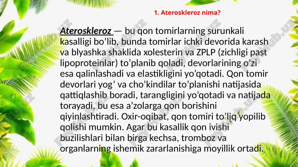 angioplastika. usulning mohiyati shundaki, son arteriyasiga maxsus kateter kiritiliadi va kamera nazorati yordamida, endoskopist tomonidan qon tomiri bo’ylab shikastlangan hudugacha olib boriladi. shundan so’ng tomir devorini tozalash yoki kengaytirish uchun kerakli manipulyatsiyalar qilinadi. 10. aterosklerozning oldini olish organizmni qo’llab quvvatlash va aterosklerozni oldini olish uchun tarkibida tuz va xolesterin bo’lgan ovqatlarni kamroq yeyish kerak. ko’proq yormalar, sabzavotlar, qaynatilgan baliq, qatiq, kungaboqar moyi va, albatta, har qanday mevalarni iste’mol qiling. aterosklerozda tana vaznini tartibga solish zarur chora hisoblanadi, chunki semizlik qon tomir asoratlarni keltirib chiqaradi va lipid almashinuvining buzilishi bilan tavsiflanadi. vaznni kamaytirish uchun optimal yog’ miqdori bo’lgan past kaloriyali parhezlar va jismoniy faoliyat sog’lik va yoshning umumiy holatini hisobga olgan holda oshirilishi kerak. uni eng xavfsiz bo’lgan jismoniy faoliyat turi — yurishdan boshlash mumkin. mashg’ulotlar haftasiga kamida uch-to’rt marta, 35-40 daqiqa davomida bo’lishi kerak. xafaqonlik kasalligi gipertoniya kasalligi. surunkali kasallik asosiy klinik belgisi uzoq va doimiy arterial bosimni ko‘tarilishi. etiologiyasi: …