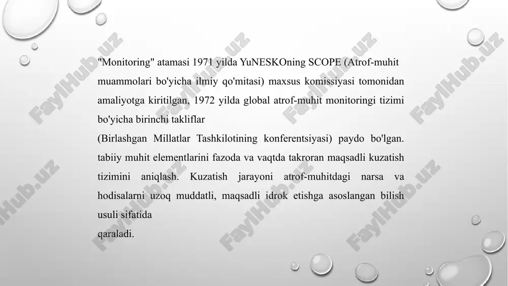 tadbirlar (ishlar) murakkabligiga qarab, quyi darajadagi bir qator quyi tizimlarni o'z ichiga oladi: ikkinchi, uchinchi va boshqalar. shunday qilib, "kuzatish" quyi tizimi kuzatishlarni tashkil etish bo'yicha faoliyatni va kuzatuvlarning o'zini, ya'ni ikkinchi darajadagi ikkita quyi tizimni o'z ichiga oladi. ikkinchi darajali quyi tizim - kuzatuvlarni tashkil etish, o'z navbatida, quyidagi tadbirlarni o'z ichiga oladi: topshiriq olish, kuzatish metodologiyasini ishlab chiqish, o'rganilayotgan er uchastkasining kartografik asosini tayyorlash, kuzatishlar uchun zarur jihozlarni tayyorlash, mutaxassislar guruhini shakllantirish; kuzatish maydoniga ko'chish va boshqalar. kuzatishlarni tashkil qilish uchun sanab o'tilgan tadbirlarning har biri kichikroq qismlarga bo'linishi mumkin. yer monitoringining ikkinchi quyi tizimi, o'z navbatida, ikkinchi darajali ikkita quyi tizimni o'z ichiga oladi: kuzatish natijalarini tahlil qilish va o'rganilayotgan jarayonning tendentsiyalarini aniqlash, bu esa o'z navbatida quyi darajadagi quyi tizimlarni o'z ichiga oladi. kuzatish oʻzgarishlarning mohiyati va sabablari oʻrganiladi: yerdan noratsional va samarasiz foydalanish, yer uchastkalarining meliorativ holatini buzish, qishloq xoʻjaligi tizimi oʻgʻitlash tizimining buzilishi, unumdorligini …