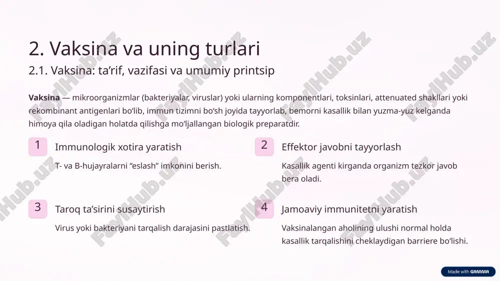 nadi. “seroprofilaktika” atamasi bilan zardob ishlatish kasallik tarqalishining oldini olish uchun tayyor antitelolar yuborish usulidir. 3.2. zardob turlari 1 manbaga ko‘ra homolog zardob (odamdan), geterolog zardob (hayvon manbali). 2 ma’nodorligiga ko‘ra oddiy (normal) zardob, immun (specific) zardob (masalan: difteriya antitoksin). 3 foydalanish maqsadiga ko‘ra seroterapiya (davolash), seroprofilaktika (oldini olish). 4 immunoglobulin tarkibiga ko‘ra igg boy, igm boy, mikst (aralash) zardoblar. misol: difteriya yoki tetanus kasalligi bo‘yicha oldingi kunlarda bemor tashxis qo‘yildi — darhol anti-difteriya yoki anti-tetanus zardobi yuboriladi (seroterapiya). 7 3.3. zardoblarning afzalliklari va kamchiliklari afzalliklari tezkor ta’sir: antitelolar darhol mavjud bo‘ladi, kasallik agenti bilan kurasha oladi. immuniteti yo‘q yoki zaif bemorlarda foydali bo‘lishi mumkin. masalan, tetanus og‘ir hollarda tetanus antitelni darhol yuborish muolajaga katta yordam beradi. kamchiliklari faqat vaqtinchalik himoya: antitel miqdori biroz vaqt o‘tib kamayadi (bir necha hafta). geterolog zardobda allergik reaktsiyalar (terta kuz, anafilaksiya) xavfi bo‘lishi mumkin. immunologik xotira hosil qilmaydi — keyinchalik bemor ayni agentga duch …