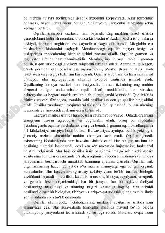 lar va begona moddalarni aniqlab, ularga qarshi kurashadi. qon ivishida ishtirok etuvchi fibrinogen, trombin kabi oqsillar esa qon yo‘qotilishining oldini oladi. oqsillar zararlangan to‘qimalarni tiklashda faol qatnashadi, bu esa ularning regeneratsiya jarayonidagi ahamiyatini ko‘rsatadi. energiya manbai sifatida ham oqsillar muhim rol o‘ynaydi. odatda organizm energiyani asosan uglevodlar va yog‘lardan oladi, biroq bu moddalar yetishmaganda oqsillar parchalanib, energiya beradi. 1 gramm oqsil oksidlanganda 4,1 kilokaloriya energiya hosil bo‘ladi. bu xususiyat, ayniqsa, ochlik yoki og‘ir jismoniy mehnat sharoitida muhim ahamiyat kasb etadi. oqsillar genetik axborotning ifodalanishida ham bevosita ishtirok etadi. har bir gen ma’lum bir oqsilning sintezini boshqaradi, oqsil esa o‘z navbatida hujayraning funksional holatini belgilaydi. shu bois oqsillar irsiy belgilarni amalga oshiruvchi asosiy vosita sanaladi. ular organizmda o‘sish, rivojlanish, modda almashinuvi va himoya jarayonlarini boshqaruvchi murakkab tizimning ajralmas qismidir. oqsillar tirik organizmlarning hayot faoliyatida o‘ta muhim ahamiyatga ega bo‘lgan organik moddalardir. ular hujayralarning asosiy tarkibiy qismi bo‘lib, turli xil biologik vazifalarni …