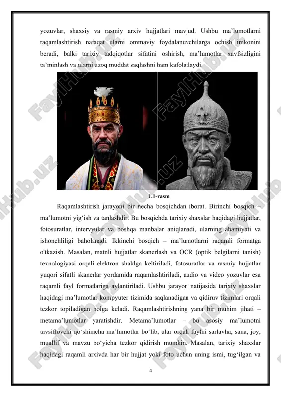 chda tarixiy manbalarni aniqlash, ularning ishonchliligini baholash va tizimga kiritish uchun tayyorlash amalga oshiriladi. yig‘ilgan ma’lumotlarning sifati va to‘liqligi raqamlashtirish natijasini bevosita belgilaydi, shuning uchun bu jarayon yuqori darajada diqqat va professional yondashuvni talab qiladi. ma’lumotlarni yig‘ish bir necha manbalardan amalga oshiriladi. birinchi manba – rasmiy hujjatlar va arxiv materiallari bo‘lib, ular orasida davlat arxivlaridagi ish yurituv hujjatlari, notarial yozuvlar, shaxsiy va jamoat arxivlari mavjud. ikkinchi manba – kitoblar, maqolalar, ensiklopediyalar va tarixiy monografiyalar bo‘lib, ular tarixiy shaxslar faoliyatini tizimli tarzda yoritadi. uchinchi manba – vizual va audio materiallar: fotosuratlar, portretlar, intervyular, video va kinoarxivlar. to‘rtinchi manba esa shaxsiy yozuvlar va xatlar, kundaliklar va boshqa nomoddiy hujjatlar bo‘lib, ular tarixiy shaxsning hayoti va xarakteri haqida noyob ma’lumotlar beradi. yig‘ilgan ma’lumotlar saralash jarayonida ularning ishonchliligi, ahamiyati va raqamlashtirishga yaroqliligi baholanadi. ma’lumotni saralashda bir nechta mezonlar qo‘llaniladi. avvalo, ma’lumotning haqqoniyligi tekshiriladi: hujjatning asl nusxasi mavjudligi, muallifning obro‘si, tarixiy kontekst bilan mosligi va …