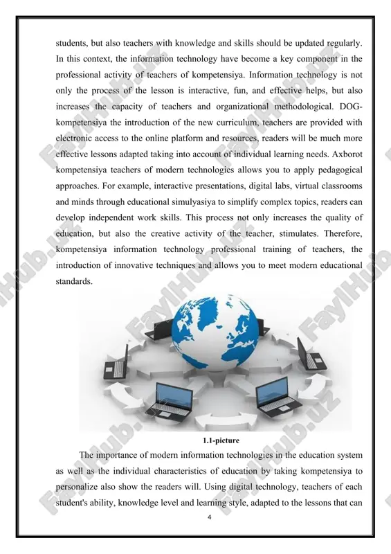 to personalise the learning process teachers use. digital platforms and using educational programs, teachers of each student's ability, knowledge level and learning style, adapted to the lessons that can be organized. those readers in the computer's motivation increases, independent work skills and develop the learning process more efficiently. in the meantime, online resources, virtual labs , and students are using interactive simulyasiya will be able to strengthen the practical skills. third, information technology, teacher professional development and creates opportunities wide range of professional skills. online courses, webinarlar, electronic forums, and educational resources through the implementation of learning new teaching methods teachers are able to spend, share experiences and pedagogical innovation can be applied to the practice of modern. hence, the dog-kompetensiya the constant growth of the teacher and professional stability. dog-organizational work will also simplified from use in the school. for example, electronic journals , and lesson plans to attend …