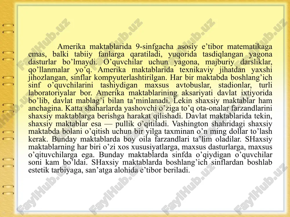 dars 40 minut davom etadi. o’rta maktabda esa darslar 45 minut. oliy maktabda darsning davomiyligi 50 minutga teng. bu yerda ikki muhim jihatga to’xtalib o’tish zarur. oliy maktabga, albatta, kirish imtihonlari topshirib kiriladi, o’qishlar pullik. boshlang’ich maktabda 9 ta fan o’qitiladi. koreys tilini o’rganishga alohida e’tibor beriladi. bundan tashqari arifmetika, ayrim ijtimoiy fanlar ham o’qitiladi. o’rta maktabda fanlar yana 4 taga ko’paytirilgan. 7-sinfdan boshlab chet tillar o’rgatiladi. mamlakatda ingliz tiliga e’tibor kuchli. ko’pchilik bu tilda bemalol gaplasha oladi. chet tillarni o’qitishga haftasiga 4—5 soat ajratilgan. koreyslar yana bir tilni — klassik xitoy tilini majburiy ravishda o’rganadilar. 8-sinfdan boshlab xitoy tarixi o’rganiladi. hunar maktablari koreyada 600 tani tashkil etadi. bu maktablarning 45 foizi bo’lajak mulkdorlarni tayyorlaydi, 23 foizida texnik kasb egalari yetishib chiqadi. qolgan maktablarda dengizchilik, qishloq xo’jalik ixtisoslari o’zlashtiriladi. shunisi diqqatga sazovorki, bu maktablarga korxonalar otaliq qiladilar. ta’lim haqidagi qonun talablaridan biri shudir. koreyada ham alohida iqtidorli bolalarga e’tibor kuchli. …