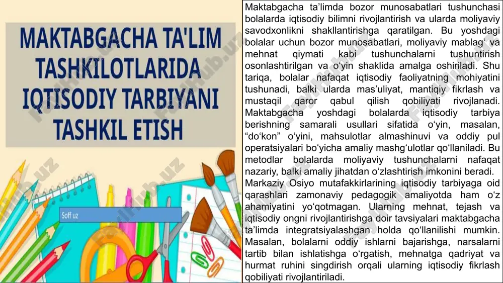 muddatga saqlashga yordam beradi. shu bilan birga, kichik guruhlarda loyiha faoliyati tashkil qilish orqali bolalar mustaqil qaror qabul qilish, rejalashtirish va ijodiy fikrlash ko‘nikmalarini rivojlantiradi. bu esa bolalarda bozor munosabatlari tushunchasini chuqurroq anglash imkonini beradi. designed by slidescarnival maktabgacha ta’limda iqtisodiy tarbiyani amalga oshirishda ota-onalar bilan hamkorlik muhim rol o‘ynaydi. bolalar kundalik hayotda pulni tejash, xarid qilish va mehnatga oid oddiy vazifalarni bajarish orqali iqtisodiy ko‘nikmalarni mustahkamlashadi. pedagoglar oilalarni jarayonga jalb qilib, uy sharoitida bolalarning iqtisodiy faoliyatini qo‘llab-quvvatlashlari mumkin. masalan, uyda kichik “do‘kon” tashkil qilish, pulni tejash va sarflash bo‘yicha o‘yinlar o‘tkazish yoki uy ishlarini bolalar bilan birga bajarish bolalarda mas’uliyat hissini kuchaytiradi. zamonaviy pedagogik amaliyotda bolalarga iqtisodiy tarbiyani berishda markaziy osiyo mutafakkirlarining qarashlarini integratsiyalashgan holda qo‘llash tavsiya etiladi. bu nafaqat bolalarda moliyaviy savodxonlikni oshiradi, balki ularni ijtimoiy faoliyatga tayyorlaydi. masalan, bolalar kichik guruhlarda mahsulot ishlab chiqarish yoki xizmat ko‘rsatish loyihalarini amalga oshiradilar. shu jarayonda ular pulni boshqarish, foyda va …