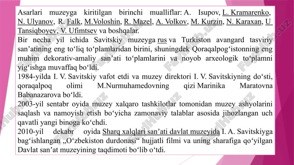 hlar, devor rasmlari parchalari, meʼmoriy bezaklar (poytaxtlar va figurali ustunlar, sirlangan koshinlar, turli xil kulolchilik buyumlari, barcha turdagi zargarlik buyumlari, oʻq otish qurollarining alohida namunalari, shuningdek, kumush va misning keng kolleksiyasi) 3–18-asrlarga oid tangalar bor. 3.muzeyning bugungi faoliyati va xalqaro ahamiyati muzey fondi kolleksiyasida 100 mingga yaqin noyob eksponatlar mavjud va bu o‘zbekiston tasviriy san’atining haqiqiy xazinasi, qimmatli yodgorliklar va, albatta, turkiston va o‘tgan asrning 20-30-yillari rus modernizmiga oid rasmlardir. muzey asoschisi igor vitalyevich savitskiy qoraqalpog‘istonga ilk bor 1950-yilda kelgan va birinchi kunlardanoq bu o‘rganilmagan hududga mehr qo‘ygan. u davlat muzeyi uchun to‘plagan kolleksiyasida qoraqalpog‘iston tabiatiga, uning tarixi, madaniyati va xalqiga bo‘lgan muhabbatini izhor qilgan. muzey 1966-yilda ochilgan va o‘shandan buyon dunyodagi eng katta va eng ahamiyatli muzeylardan biriga aylandi. igor vitalyevich butun umri davomida avangard san’atini o‘rganish va nafaqat taniqli rassomlarning, balki mashhur bo‘lmagan rassomlarning asarlarini ham o‘z ichiga olgan muzey kolleksiyasini to‘ldirish bilan shug‘ullandi. u tom ma’noda ba’zi …