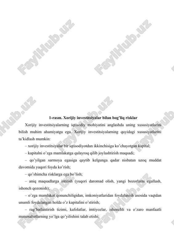 giya, zamonaviy jihozlarni, yuqori unumli uskunalarni qo’lga kiritish; – yangi ish joylarini tashkil etish va aholi bandligini ta’minlash; – ixcham, amalga oshirilgan xarajatlarni tez sur’atlar bilan qoplaydigan, yuqori samara beradigan korxonalarni qurish; – zamon darajasida yuqori mehnat unumdorligiga erishish, mahsulot tannarxini pasaytirish, o’z manfaatlariga erishish; – qo’shma korxonalar tuzish, ilg’or tajribaga ega bo’lish, boshqaruvni, raqobatni to’g’ri yo’lga qo’yish; – bozor talabini qoniqtiradigan mahsulot (xizmatlarni) etishtirish; – ishlab chiqarilgan mahsulot sifati va raqobatbardoshligini dunyo bozori talablariga javob beradigan qilib etkazish; – tadbirkorlik faoliyatini samarali tashkil etish va uni yanada kengaytirish imkoniyatlarini qo’lga kiritish; – jahon bozorida o’zining mustahkam mavqeni egallash; – daromadni ko’paytirish, yuqori samaraga erishish, sarf etilgan mablag’larni hech qanday talofat va yo’qotishlarsiz tez fursatda qoplash; – mamlakat eksport imkoniyatlarini kengaytirish va jahon bozorida «qattiq» valyuta ishlab topishni o’rganish; – mamlakat xazinasini to’ldirish; – ichki, tashqi bozorda olib chiqiladigan mahsulotlar (ish, xizmat)ga bo’lgan talabni qondirish; – milliy va jahon iqtisodiyoti …