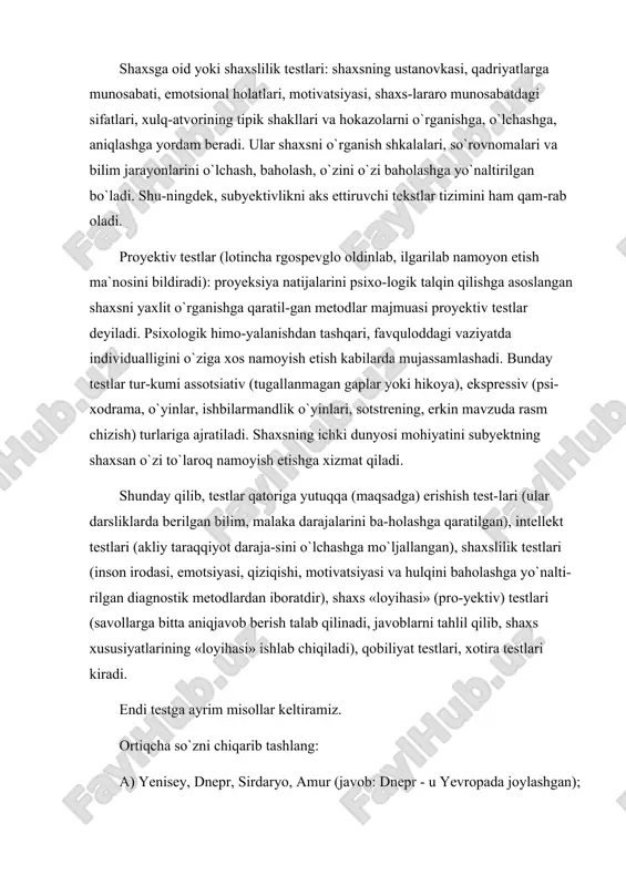 keltiramiz. ortiqcha so`zni chiqarib tashlang: a) yenisey, dnepr, sirdaryo, amur (javob: dnepr - u yevropada joylashgan); b) petrozavodsk, ijevsk, siktivkar, abakan (javob: abakan - u osiyoda joylashgan). tajriba (eksperiment) metodi. bu metod turli yoshdagi va kasbdagi odamlar (chaqaloq, bola, o`spirin, balog`atga yetgan va qarilar)ning psixikasini chuqurroq, aniqroq tadqiq qilish metodlari ichida eng muhimi hisoblanadi. eksperiment metodi yordamida sun`iy tushun-chalarning shakllanishi, nutqning o`sishi, favqulodda holatdan chi-qish, muammoli vaziyatni hal qilish jarayonlari, shaxsning his-tuy-g`ulari, xarakteri vatipologik xususiyatlari o`rganiladi. inson psi-xikasining nozik ichki bog`lanishlari, munosabatlari, murakkab mexanizmlari tekshiriladi. buning uchun eksperiment materialini tekshiruvchi sinchkovlik bilan tanlashi, obyekt tarzda har xil holat va vaziyatlarni yaratishi, bunda sinaluvchining yoshi, aql-idroki, xa-rakter xususiyati, his-tuyg`usi, qiziqishi va saviyasiga, turmush taj-ribasiga, ko`nikma va malakalariga e`tibor berishi lozim. o`quv uslubiy adabiyotlar ro`yxati: 1. g`oziyev e.g`. umumiy psixologiya. 1-kitob. psixologiya bo`limi talabalari uchun o`quv qo`lanma. t. o`zmu. 2003 y. 2. g`oziyev e.g`. psixologiya. –t., o`zmu «universitet», 2003. 3. g`oziyev e.g`. …