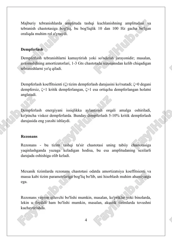 (root mean square) tezlik yoki siljish birliklarida ifodalanadi, masalan, mm/s yoki dyuym/sekund. tebranish o'lchovi natijalari iso 10816 kabi standartlarga muvofiq baholanadi, bu turli xil mashinalar uchun ruxsat etilgan tebranish darajalarini belgilaydi, shu jumladan 4.5 mm/s qiymatiga ega bo'lishi mumkin. tebranish o'lchovlari turli xil sensorlar yordamida amalga oshiriladi, masalan, akselerometrlar, tezlik o'lchagichlar va yaqinlik probelari, ular tebranish chastotasi va amplitudasi kabi parametrlarni aniqlaydi. tebranish analizi tebranish tahlili - bu mashina yoki strukturadagi vibratsiyani o'lchash va baholash jarayoni bo'lib, 10 hz dan 1000 hz gacha bo'lgan chastotalarga e'tibor qaratiladi. uskunaning holatini baholash uchun tebranish tahlili ishlatiladi. uning yordamida muammolarni aniqlash, nosozliklarni bashorat qilish va texnik xizmat ko'rsatishni rejalashtirish mumkin, masalan, 2 hafta oldin prognoz qilish. tebranish tahlili yordamida muvozanatlashmaganlik, noto'g'ri tekislash, bo'shashish, moylash muammolari va rulman nuqsonlari kabi turli xil mexanik nosozliklar aniqlanadi va 85 db dan yuqori shovqin o'lchanadi. amaliy misollar avtomobil amortizatorlari yo'lning notekisligi tufayli yuzaga keladigan 1-3 gts chastotadagi …