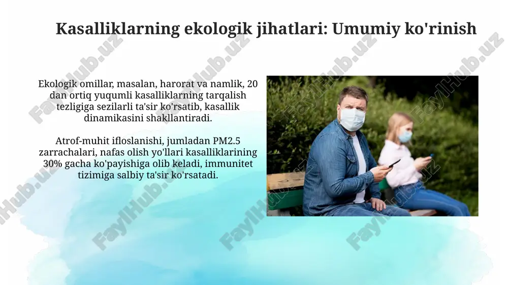tuvchilari atrof-muhit omillariga moslashadi, masalan, haroratning 5-30°c gacha o'zgarishi ularning virulentligini oshirishi mumkin. hayvonlar kasalliklarining ekologik jihatlari hayvonlarning yashash muhiti o'zgarishi, masalan, o'rmonlarning kesilishi, zoonotik kasalliklarning 70% gacha tarqalish xavfini oshiradi, chunki odamlar va hayvonlar o'rtasidagi aloqa kuchayadi. iqlim o'zgarishi, haroratning ko'tarilishi va yog'ingarchilikning o'zgarishi orqali, hasharotlar orqali yuqadigan kasalliklarning 55% tarqalish hududini kengaytiradi, bu chorvachilikka jiddiy ta'sir qiladi. yuqumli kasalliklarning ekologiyasi yuqumli kasalliklarning ekologiyasi patogenlarning 10-20% tarqalishiga ta'sir qiluvchi abiotik omillarni (harorat, namlik) o'rganadi, bu esa kasallik tarqalishini bashorat qilishga yordam beradi. ekologik omillar 30-40% hollarda yuqumli kasalliklar tarqalishini o'zgartiradi, masalan, iqlim o'zgarishi chivinlar orqali tarqaladigan kasalliklarning geografiyasini kengaytiradi. adaptatsiya samaradorligi va kasalliklar: xulosa adaptatsiya samaradorligi kasalliklarning tarqalish tezligiga 30% gacha ta'sir etishi mumkin, bu esa genetik xilma-xillik va immunitet darajasiga bog'liq. ekologik omillar, masalan, haroratning 2-5 darajaga o'zgarishi, kasallik qo'zg'atuvchilarining tarqalish areallarini sezilarli darajada, 15% gacha kengaytirishi mumkin. e'tiboringiz uchun rahmat image2.png image3.jpg image4.jpg image5.jpg image6.jpg image7.jpg image8.jpg …