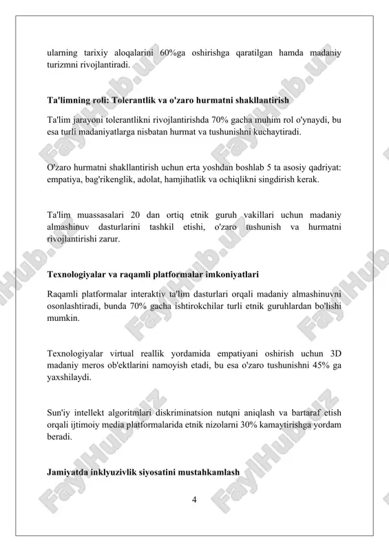 arolik jamiyatini rivojlantirishga yordam beradi. milliy madaniy markazlar bilan hamkorlikda, 15 dan ortiq nodavlat tashkilotlari 2024-yilda yoshlar oʻrtasida tolerantlikni oshirishga qaratilgan taʼlim dasturlarini ishlab chiqishda davlat resurslaridan foydalanmoqda. davlat organlari tomonidan nntlarga 30% gacha moliyaviy grantlar ajratilishi, interetnik kelishmovchiliklarni bartaraf etish boʻyicha 5 yillik strategiyani amalga oshirish uchun muhim resurs hisoblanadi. etniklararo munosabatlarni baholash va monitoring qilish etniklararo munosabatlar monitoringi integratsiya koeffitsiyentini (0 dan 1 gacha) hisoblash orqali jamiyatda ijtimoiy birdamlik darajasini aniqlaydi va 3 ta asosiy yo'nalishga e'tibor qaratadi. baholashda 5 ta asosiy indikator, jumladan, til siyosatining samaradorligi, madaniy almashinuv faolligi, diskriminatsiya holatlari soni, ijtimoiy-iqtisodiy tenglik darajasi va siyosiy ishtirok ko'rsatkichlari hisobga olinadi. monitoring tizimi 'etnik barometr' so'rovnomasidan foydalanadi. unda 10000 dan ortiq respondent ishtirok etib, 7 xil demografik guruhga bo'linadi. so'rov natijalari har chorakda tahlil qilinadi. ilmiy tadqiqotlar va tahlillar ilmiy tadqiqotlar davlatlararo aloqalarning barqarorlashuviga ta'sirini baholaydi, 20 dan ortiq omillarni inobatga olib, ularning 75 foizi integratsiya tendensiyalarini …