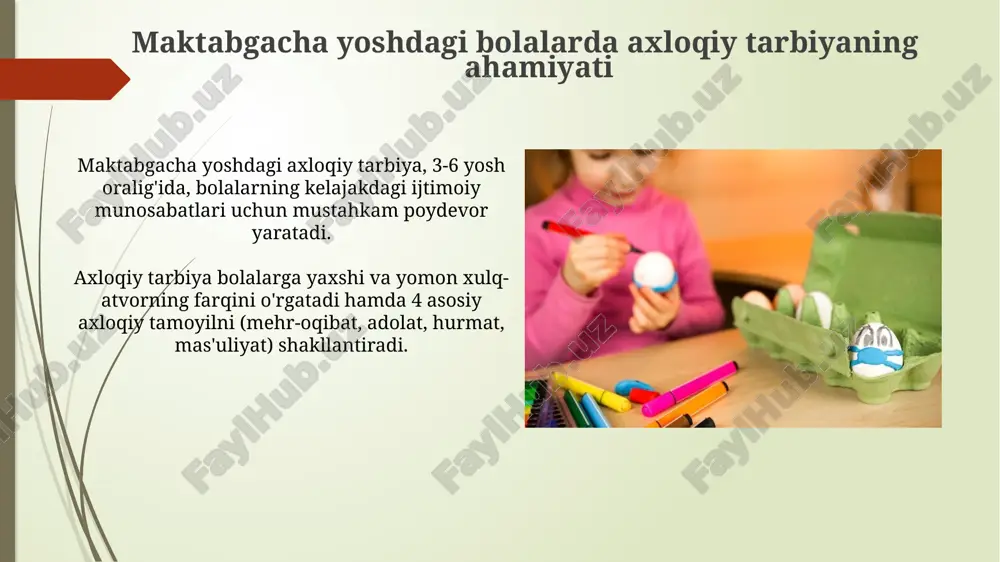 yib imkoniyatdir, ularni 3-5 yoshda sodir bo'layotgan konfliktlar orqali his qilishga o'rgatish muhim. muammolarni hal qilishda 2-3 qadamli oddiy strategiyalardan foydalanish, masalan, vaziyatni aniqlash va yechim topish, bolalarning mustaqil fikrlash qobiliyatini oshiradi. xulosa maktabgacha yoshdagi bolalarda axloqiy tarbiyani shakllantirishning 3-5 yoshdagi natijasi ijtimoiy munosabatlardagi dastlabki ko'nikmalarini namoyon etishdir. o'quv jarayonining yakuniy bosqichida, 6-7 yoshli bolalarda, axloqiy me'yorlar bo'yicha ongli baho berish qobiliyati 10-12 ta asosiy tushuncha orqali rivojlanadi. e'tiboringiz uchun rahmat image2.jpg image3.jpg image4.jpg image5.jpg image6.jpg image7.jpg image8.jpg image9.jpg image10.jpg image11.jpg image12.jpg image13.jpg image14.jpg image15.jpg image16.jpg image17.jpg image18.jpg