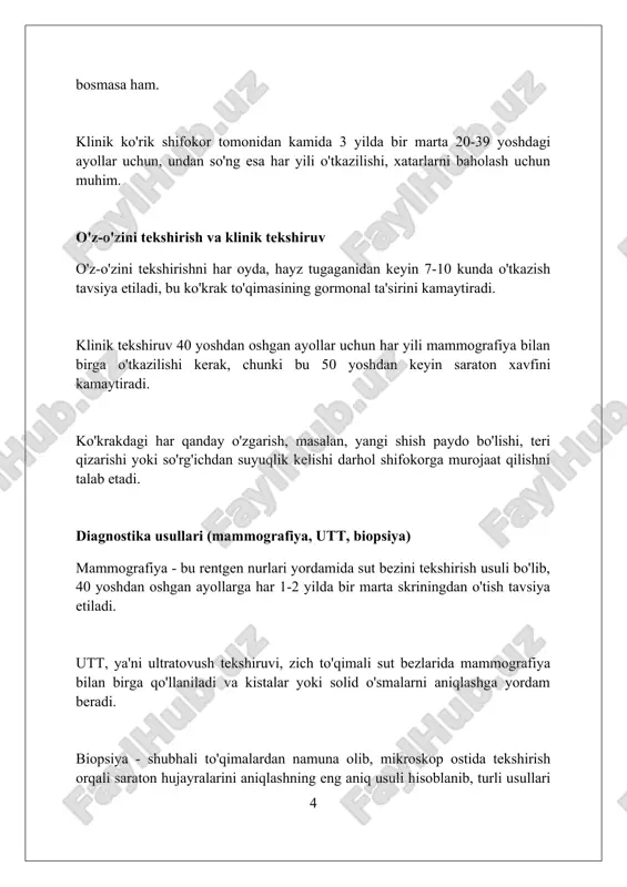 ash usullari: gormon terapiyasi gormon terapiyasi ba’zan tamoxifen kabi dori vositalari yordamida o’simta hujayralari uchun zarur bo’lgan estrogen gormonini bloklaydi, bu esa o’sishni sekinlashtiradi. aromataza ingibitorlari, masalan letrozol, postmenopauza davridagi ayollarda estrogen ishlab chiqarishni kamaytiradi, bu gormonga bog’liq saraton kasalliklarining rivojlanishiga to’sqinlik qiladi. gormon terapiyasi 5-10 yil davomida davom etishi mumkin, ammo u issiqlik, kayfiyat o’zgarishi, suyak zichligi yo’qolishi kabi nojo’ya ta’sirlarga olib kelishi mumkin. davolash usullari: maqsadli terapiya maqsadli terapiya o'simtaning o'sishi va tarqalishiga hissa qo'shadigan aniq molekulalar, masalan, her2 oqsilini nishonga oladi. ba'zi maqsadli dorilar, masalan, cdk4/6 ingibitorlari, hujayra siklini buzib, saraton hujayralarining bo'linishini sekinlashtiradi. maqsadli terapiya ko'pincha an'anaviy kimyoterapiya bilan solishtirganda kamroq nojo'ya ta'sirlarga ega, chunki u sog'lom hujayralarga kamroq ta'sir qiladi. nojo'ya ta'sirlar va ularni boshqarish nojo'ya ta'sirlar davolash turiga bog'liq; masalan, kimyoterapiya ko'ngil aynishi, soch to'kilishi va immunitetning susayishiga olib kelishi mumkin. og'riqni boshqarish 1 dan 10 gacha bo'lgan shkala orqali baholanadi. radiatsiya terining tirnash …