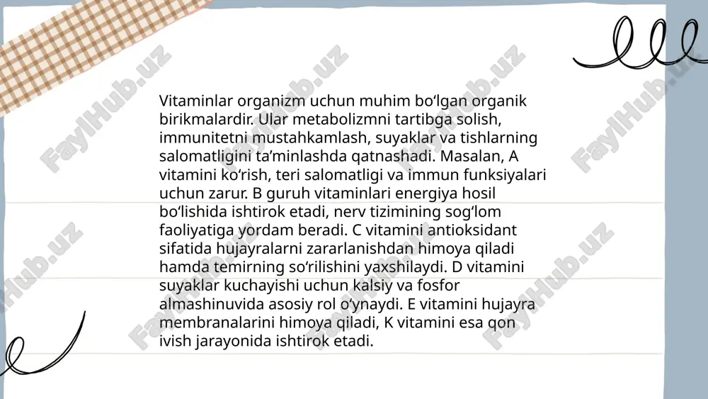 90 mcg ni tashkil etadi. ... t.me/slaydai_bot avitaminozning umumiy alomatlari tanadagi vitaminlar yetishmovchiligi bilan bog‘liq. ushbu holatlarda odamda charchoq, zaiflik, diqqatni jamlash qiyinligi, tez-tez kasallanish, teri quruqlashishi, sochlar mo'rtlashishi va to'kilishi kuzatilishi mumkin. vitamin c yetishmovchiligida milklar qonashi va yaralarning sekin bitishi; vitamin d tanqisligida suyaklar mo'rtlashishi, bolalarda esa rachit rivojlanishi mumkin. b vitaminlari yetishmasligida asablilik, depressiya, uyqu buzilishlari va ichi ketish kuzatiladi. vitamin a yetishmovchiligida esa ko'rish qobiliyati yomonlashishi, tungi ko'rlik yoki teri hamda qoqimchanlik muammolari paydo bo'lishi mumkin. vitamin yetishmovchiligi profilaktikasi uchun muvozanatli ovqatlanish muhimdir. ... t.me/slaydai_bot 10. gipovitaminozning umumiy alomatlari gipovitaminoz odatda organizmda vitaminlarning yetishmasligi sababli yuzaga keladi. uning umumiy alomatlari quyidagilardan iborat: tez charchash va holsizlik, ishtaha pasayishi, immunitet tizimining zaiflashuvi, teri va sochlarning qurishi va oqarishi, uyqu buzilishlari, asabiylashish va depressiv kayfiyat, diqqatni jamlash qiyinligi, bosh og‘rig‘i, og‘iz burchaklarida yallig‘lanish, til va milklarning yallig‘lanishi. gipovitaminozni bartaraf etish uchun vitaminlar bilan boy oziq-ovqat iste'molini oshirish lozim, …