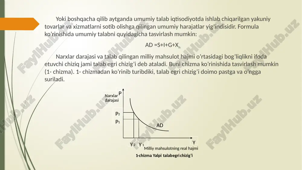 hi, soliqlarning pasayishi ixtiyordagi daromad hajmini oshiradi. 2. investitsiya xarajatlaridagi o’zgarishlar: foiz stavkasidagi o’zgarishlar, bu erda keyns samarasi emas, balki foiz stavkasini boshka narxlar darajasiga bog’lik bo’lmagan o’zgarishlari nazarda tutiladi. masalan, pul massasining oshishi foiz stavkasini pasaytiradi va natijada investitsiya xarajatlari oshadi; investitsiyalardan kutilayotgan foyda me’yorining o’zgarishi, masalan, iste’mol xarajatlarning oshishi kutilayotgan bo’lsa, ishlab chikaruvchilarning kutilayotgan foydasi ham oshadi va natijada ular ishlab chiqarishga ko’proq investitsiya qilishga moyil bo’ladilar; korxonalardan olinadigan soliqlar miqdorining o’zgarishi, soliqlar darajasining oshirilishi korxonalarning kapital qo’yilmalardan olgan foydasini kamaytiradi va natijada ular kamrok investitsiya qiladi; yangi texnologiyalarning ishlab chiqarishga jalb qilinishi, yangi va takomillashtirilgan texnologiyalarni ishlab chiqarishga jalb qilish uchun ishlab chiqaruvchilar yangi uskunalar sotib oladi; zahiradagi quvvatlar o’zgarishi, zahiradigi ishlab chiqarish quvvatlari miqdori yuqori bo’lsa, ishlab chiqaruvchilar yangi uskunalar sotib olishni va yangi inshootlar qurishni to’xtatib qo’yyadilar. 3.davlat xarajatlarining o’zgarishi. masalan, xarbiy xarajatlar va yangi kasalxona va boshqa muassasalar qurishga qaror qilinganda. 4. sof eksport …