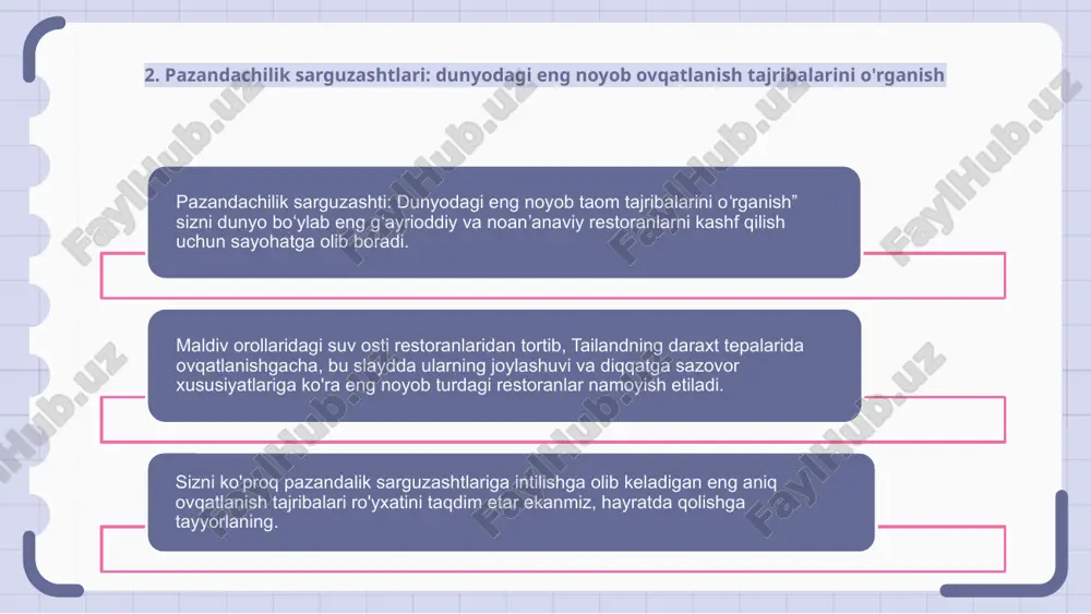 'rganish 1. suv osti restoranlari - dengiz mahsulotlarining ajoyib taomlari bilan ajoyib suv osti muhitida ovqatlanish. 2. treehouse restoranlari - tabiat qo'ynida sokin muhit va hayratlanarli manzaralarni boshdan kechirish. 3. muz restoranlari bilan muz mehmonxonalar - muzlatilgan mo''jizalar mamlakatida noyob ovqatlanish tajribasidan zavqlanish. 8. noodatiy oshxona: o'ziga xos restoranlar va ularning turli joylari noncommon cuisine - bu o'ziga xos ovqatlanish tajribasini taklif qiluvchi noyob restoran turi. ushbu restoranlar o'zlarining turli joylari bilan mashhur bo'lib, bu ovqatlanish tajribasining umumiy o'ziga xosligini oshiradi. har bir “uncommon cuisine” restorani eksperimental termoyadroviy taomlardan tortib, anʼanaviy mintaqaviy delikateslargacha boʻlgan maʼlum bir oshxona turiga ixtisoslashgan. taklif etilayotgan turli xil oshxonalar ushbu restoranlarga yana bir o'ziga xoslik qo'shadi. shovqinli shaharlardagi yashirin tom yopish restoranlaridan tortib, uzoq qirg'oq bo'yidagi muassasalargacha, uncommon cuisine restoranlarini eng kutilmagan joylarda topish mumkin. ushbu restoranlardan birida ovqatlanish haqiqatan ham unutilmas tajriba. 9. favqulodda ovqatlanish joylari: eng noyob restoranlar va ularning joylashuvi ushbu slaydda …
