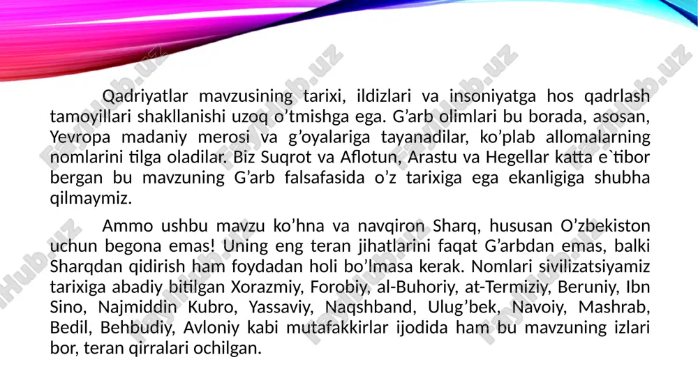 oliyati uchun umumiy mezon vazifasini o’taydi. har bir ijtimoiy tarixiy birlik, sinf va partiyalar ham ana shunday qadriyatlar tizimi asosida faoliyat ko’rsatadilar, ulardan foydalanadilar yoki ularga erishishning turli usullarini qo’llaydilar. inson qadri istiqlol inson qadri, uning manfaat va ehtiyojlari bilan bog’liq masalalarni dolzarblashtirib yubordi. inson qadri uning ijtimoiy hususiyatlari, jamiyatda amalga oshirgan faoliyati, boshqalarga va atrof-muhitga munosabati, kamolotga etganligi, ijtimoiy hususiyatlarni o’zlashtirib olganligi va ularni ma`naviy qiyofasida namoyon qila olganligida ham ko’rinadi. odam bolasining shahsga aylanishi, o’z qadrini va o’zgalar qadrini anglash jarayoni uzoq yillar davom etadi. shaxsning qadri u yashayotgan zamon, undagi jarayonlar, ijtimoiy, tarixiy shart-sharoitlar bilan dialektik aloqadorlikda namoyon bo’ladi. muhit va davr talablari shahs qadrini shakllantirib, sayqallab boradi, uning o’zi esa o’z qadrining shahsiy talablari, ehtiyojlari va maqsadlari bilan naqadar aloqadorligini chuqurroq anglab olish tomon boradi. qadriyatlar yoshlarga hayot mazmunini chuqurroq tushunish, jamiyat qonun-qoidalaridan tug’ri foydalanish, o’zlarining hatti-harakatlarini ana shu ma`naviy mezonlar talabiga moslashtirish imkonini beradi. hozirgi …