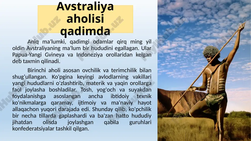 a dollari. asosiy savdo sheriklari qatoriga aqsh, yangi zelandiya, buyuk britaniya va yaponiya kiradi. avstraliya bug'doy, jun va mol go'shti bo'yicha dunyoda birinchi, qo'y go'shti eksporti bo'yicha ikkinchi o'rinda turadi. materik hududi mamlakatning samarali iqtisodiy rivojlanishi va xalq farovonligining yuqori darajasini ta'minlash uchun maksimal darajada foydalaniladi. tarixi materikda avstraliyalik aborigenlarning ajdodlari birinchi marta taxminan qirq ming yil oldin joylashgan. avstraliya geografik jihatdan dunyoning qolgan qismidan ajratilganligi sababli, mahalliy xalq o'ziga xos diniy va madaniy an'analarga ega edi. qit'a yevropaliklar tomonidan faqat 17-asrning boshlarida kashf etilgan. birinchisi gollandiyalik yanszon edi. 1605 yilda u karpentariya ko'rfaziga (shimoliy qirg'oq) tushdi. hududiy uzoqligi sababli avstraliyaning mustamlakasi faqat 1770 yilda boshlangan. keyin jeyms kuk qirol nomidan ko'rfazni egallab oldi. keyinchalik bu joy yaqinida sidney shahri paydo bo'ldi. 1840 yilgacha avstraliya jahon xaritasida toʻlaqonli davlat emas, balki ogʻir mehnatga hukm qilingan britaniya monarxining fuqarolari uchun surgun joyi boʻlgan xolos. 1850 yilda mahalliy koloniyalar ingliz tojidan nisbatan …