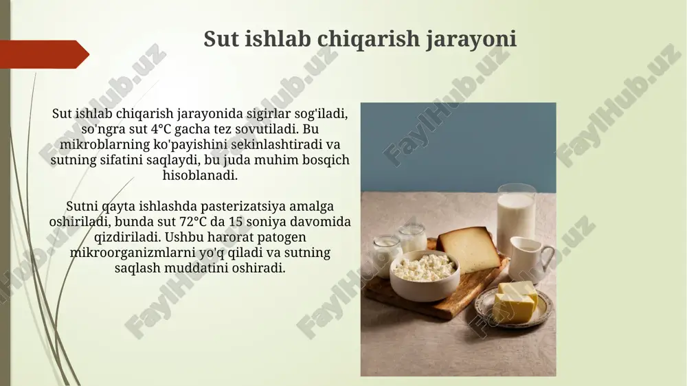 yordamida aniqlanadi va bu 3.2% dan kam bo'lmasligi kerak. sut mahsulotlarining inson salomatligiga ta'siri sut mahsulotlarida mavjud bo'lgan kaltsiy va d vitamini suyak zichligini oshiradi, osteoporoz xavfini kamaytiradi, ayniqsa 50 yoshdan oshgan odamlar uchun muhimdir. tarkibida probiotiklar bo'lgan sut mahsulotlari, masalan qatiq, ichak mikroflorasini yaxshilaydi, ovqat hazm qilishni osonlashtiradi va immunitet tizimini mustahkamlaydi. e'tiboringiz uchun rahmat image1.png image2.jpg image3.jpg image4.jpg image5.jpg image6.jpg image7.jpg image8.jpg image9.jpg image10.jpg image11.jpg image12.jpg image13.jpg image14.jpg image15.jpg image16.jpg