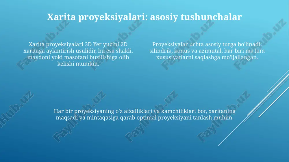 ishini 25% ga kamaytirish mumkin, bu esa kartaning aniqligini oshiradi. xulosa, kartografik proyeksiyalarni tanlashda 1-navbatda maqsadni aniqlash kerak; masalan, kattaroq maydonlar uchun konik proyeksiyalar 80% mosroq bo'lishi mumkin. tavsiya sifatida, geografik axborot tizimlari (gis)da proyeksiyalarni o'zgartirish vositalari mavjud, ulardan 3-d formatdagi globus yaratish uchun foydalanish mumkin. savollar va javoblar 'savollar va javoblar' (questions and answers) formati, taqdimotda auditoriya ishtirokini oshirish uchun samarali usul bo'lib, muhokama davomida ularning tushunishini tekshirishga yordam beradi. 'savollar va javoblar' sessiyasi kartografik proyeksiyalarni aniqlashdagi qiyinchiliklarni tushunishga va ularni hal qilish yo'llarini topishga, shuningdek, boshqa mutaxassislar tajribasidan foydalanishga imkon beradi. 'savollar va javoblar' orqali kartografik proyeksiyalar haqida bahs-munozaralar olib borish, kartografiyaning rivojlanish tendensiyalari va yangi texnologiyalari haqida chuqurroq ma'lumot olishga turtki bo'lishi mumkin, misol uchun, 3d modellash texnologiyasi. e'tiboringiz uchun rahmat