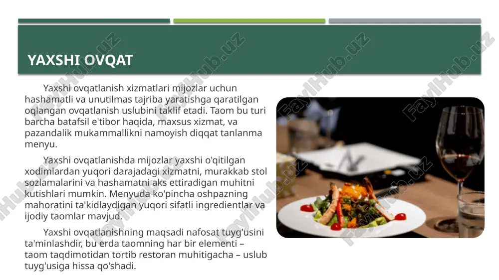 gichi bo'lgan muassasalarda topish mumkin. ushbu yondashuv mijozlarga nazorat va qulaylik darajasini taklif etadi, bu esa tez va samarali ovqatlanishni istaganlar uchun mashhur tanlovdir. bu mas'uliyat olib, diners ularning sevish va sur'atlar o'z tajribasini tikuvchi mumkin, ularning ovqat uchun muxtoriyat bir element qo'shib. kafeterya xizmati kafeterya xizmati-bu maktablar, shifoxonalar va korporativ sharoitlar kabi muassasalarda keng qo'llaniladigan o'z-o'ziga xizmat ko'rsatish uslubi. bu xizmat ko'rsatish peshtaxtasi orqasida oziq-ovqat taqdim etiladigan tartib bilan tavsiflanadi va mijozlar o'zlari xohlagan narsalarni tanlash uchun peshtaxta bo'ylab harakatlanib, o'zlariga xizmat qilishadi. ushbu xizmat turi samaradorligi va iqtisodiy samaradorligi bilan mashhur. kafeteryada mehmonlar odatda chiziq yoki bufet uslubida ko'rsatiladigan oldindan tayyorlangan turli xil taomlarni tanlash erkinligiga ega. turli xil tanlov asosiy taomlar, yon tomonlar, salatlar va shirinliklarni o'z ichiga olishi mumkin, bu turli xil ta'mlar va parhez imtiyozlarini qondirish uchun keng imkoniyatlarni taklif etadi. yagona nuqta xizmati ko'pincha tasodifiy va tez ovqatlanish sharoitida ko'riladigan bitta punktli xizmat mijozlar …
