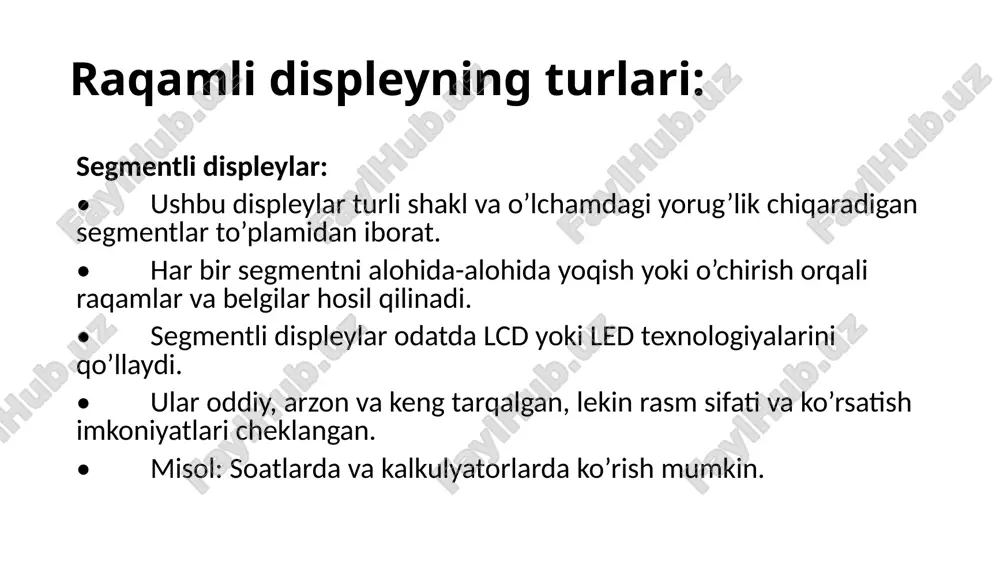 i: ko’rsatkich keng ko’rish burchagiga ega bo’lishi kerak, shunda uni har qanday burchakdan o’qish mumkin bo’ladi. ayniqsa, ommaviy joylarda yoki ko’p odamlar tomonidan ishlatiladigan ko’rsatkichlarda keng ko’rish burchagi muhimdir. yorqinlik: ko’rsatkichning yorqinligi atrof-muhitning yorug’lik sharoitiga moslashtirilishi kerak. qorong’i joylarda yorqinroq yorug’lik, yorug’likda esa kamroq yorug’lik talab etiladi. ba’zi ko’rsatkichlar avtomatik yorug’likni sozlash qobiliyatiga ega bo’ladi. 4. energiya tejash: energiya tejash ayniqsa portativ qurilmalar, mobil telefonlar, soatlar va boshqa energiya cheklangan qurilmalar uchun muhimdir. led va lcd displeylar energiya tejamkorlik bo’yicha yaxshi natijalarni ko’rsatadi. 5. boshqa talablar: o’lcham va shakl: ko’rsatkichning o’lchami va shakli ishlatiladigan qurilma va uning joylashuvi uchun mos kelishi kerak. o’rnatish: o’rnatish jarayoni oddiy va qulay bo’lishi kerak. interfeys: ko’rsatkich mikroprotsessorlar va boshqa elektron qurilmalar bilan o’zaro aloqa qilish uchun moslashtirilgan interfeysga ega bo’lishi kerak. narx: narx - bu muhim omil bo’lib, u qo’llaniladigan soha va ishlatilish maqsadiga bog’liq. qo'shimcha talablar: ranglar: ranglarning soni va rangi ishlatilish sohasiga …