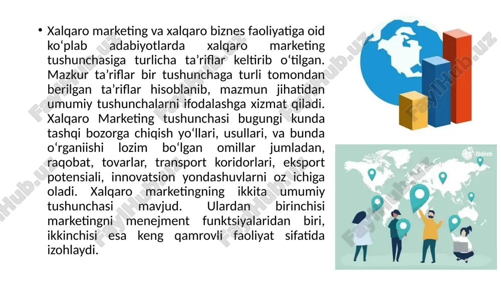 ksimal foyda olish, mijozlarning yangi segmentlarini jalb qilish, sotishni yaxshilash va raqobatchilarga nisbatan bozor mavqeini mustahkamlashga qaratilgan.ijtimoiy xizmatlar aholining kam ta’minlangan qatlamlarini qanoatlantiradigan, atrofmuhitni muhofaza qilishga hissa qo‘shadigan va kichik biznesni kengaytirishni rag‘batlantiruvchi xizmatlarning mavjudligi nuqtai nazaridan qaraladi. turizm barqarorlik modeli turistik mahsulotning xizmat ko‘rsatishni umumiy o‘ziga xos xususiyati bilan bir qatorda, uning farq qiluvchi xususiyatlari ham mavjud bo‘lib, ular quyidagilar: bu turli komponentlar o‘rtasidagi o‘zaro aloqalarning murakkab tizimi bilan tavsiflanuvchi tovar va xizmatlarning kompleksidir (moddiy va nomoddiy komponentlar) turistik xizmatga bo‘lgan talab narx va foydaga taqqoslaganda juda ham elastik, lekin ko‘pincha ijtimoiy-siyosiy sharoitlarga bog‘liq bo‘ladi. iste’molchi qoidaga muvofiq, turmahsulotni iste’mol qilmasdan oldin ko‘ra olmaydi, iste’molning o‘zi bevosita turistik xizmat ishlab chiqarilgan joyning o‘zida amalga oshiriladi. iste’molchi uni mahsulotdan va iste’mol joyidan ajratib turadigan masofani bartaraf qiladi, ya’ni iste’molchi mahsulotga qarab harakatlanadi. turmahsulot vaqt va makon kabi o‘zgaruvchanlikka bog‘liq, shuning uchun talab o‘zgaruvchanligi xarakterlidir. turistik xizmat taklifi egiluvchan bo‘lmagan ishlab …