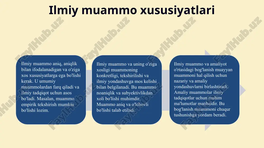 u metodologiyalar muammo xususiyatlariga qarab tanlanadi va natijalar aniqlik va ishonchlilikka asoslanadi. ilmiy tadqiqotlar esa, metodologiyalarning samaradorligini baholashda yordam beradi. muammoli vaziyatlarni tahlil muammoli vaziyatlarni tahlil qilish jarayonida statistik metodlar, diagramma va schemalardan foydalaniladi. sabablar va natijalar o'rtasidagi bog'liqliklarni aniqlash uchun strukturaviy tahlil va sistematik yondashuvlar qo'llaniladi. foydalaniladigan asboblar foydalaniladigan asboblar orasida swot tahlili, pest analizi, va ishchi guruhlar bilan muhokama qilish metodlari mavjud. shuningdek, kompyuter dasturlari yordamida simulyatsiya va model yaratish imkoniyati mavjud. natijalarni amaliyotga tahlil natijalari asosida aniq chora-tadbirlar ishlab chiqiladi, strategiyalar va rejalar ishlab chiqiladi. bu natijalar muammo yechimida muhim rol o'ynaydi va qaror qabul qilish jarayonini samarali qiladi. baholash jihatlari baholashda muammo ta'sir doirasi, muammo o'zgarishining ehtimolligi va ta'sir darajasi, hamda yechimlarning amalga oshirilish imkoniyatlari hisobga olinadi. shuningdek, ijtimoiy, iqtisodiy va ekologik faktorlar e'tiborga olinadi. xulosa ilmiy muammo tushunchasi va uning tarixiy rivojlanishi muhim ahamiyatga ega, chunki bu tushuncha ilmiy izlanishlar asosini tashkil etadi. muammoli vaziyatlarning …
