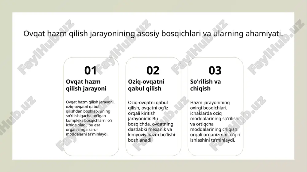 h rejasini tuzish, ovqat hazm qilish tizimini sog'lom saqlashda yordam beradi. kichik va tez-tez ovqatlanish tavsiya etiladi. 4 stressni boshqarish stress ovqat hazm qilish tizimiga salbiy ta'sir ko'rsatishi mumkin. meditatsiya yoki jismoniy faoliyat stressni kamaytirishga va hazm qilishni yaxshilashga yordam beradi. xulosa ovqat hazm qilish tizimi ovqat hazm qilish tizimi sog'liqni saqlashda muhim ahamiyatga ega. u oziq moddalarni organizmga singdirish va energiya ta'minlashda asosiy rol o'ynaydi. kasalliklar va belgilari ovqat hazm qilish kasalliklari turli belgilarga ega bo'lib, ular insonning umumiy sog'lig'iga salbiy ta'sir ko'rsatadi. ularni vaqtida aniqlash va davolash muhimdir. oziqlanish va profilaktika to'g'ri oziqlanish ovqat hazm qilish tizimini qo'llab-quvvatlaydi va kasalliklarning oldini olishda asosiy strategiya hisoblanadi. sog'lom ovqatlanish hayot sifatini oshiradi. e'tiboringiz uchun rahmat! /docprops/thumbnail.jpeg