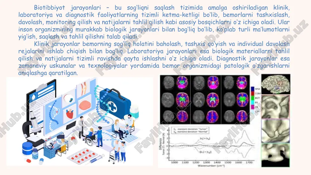 h his, emr interfeyslari integratsiya va kommunikatsiya turli tizimlar va jarayonlar o‘rtasida ma’lumot almashish, tizimlar integratsiyasini ta’minlash his + ris + pacs biotibbiyot jarayonlarida dasturiy elementlar va ularning ilmiy roli kelajakdagi yutuqlar va istiqbollar biotibbiyot jarayonlarini dasturiy asoslash sohasida texnologik rivojlanishlar tibbiyotning sifatini oshirish, jarayonlarni avtomatlashtirish va bemor xavfsizligini ta’minlashda yangi imkoniyatlar yaratmoqda. kelajakdagi yutuqlar quyidagilarni o‘z ichiga oladi: sun’iy intellekt va mashina o‘rganish tashxis va davolash jarayonlarida ai algoritmlari yordamida ma’lumotlarni tezkor tahlil qilish va prediktiv modellar yaratish. shifokorlar uchun klinik qaror qabul qilishni yanada aniq va asosli qilish. big data va integratsiyalashgan ma’lumotlar bazasi keng ko‘lamli ma’lumotlarni (genomika, laboratoriya, klinik va radiologik) birlashtirib tahlil qilish. tibbiyot tadqiqotlari va personalizatsiyalashgan davolash imkoniyatlarini kengaytirish. masofaviy monitoring va telemeditsina rivoji masofaviy diagnostika, konsultatsiya va bemor monitoringini rivojlantirish. mobil sog‘liqni saqlash tizimlari (mhealth) orqali bemorlarni real vaqt rejimida kuzatish. robototexnika va avtomatlashtirilgan laboratoriyalar diagnostik jarayonlar va operatsion tizimlarni robotlashtirish, inson xatolarini kamaytirish. …