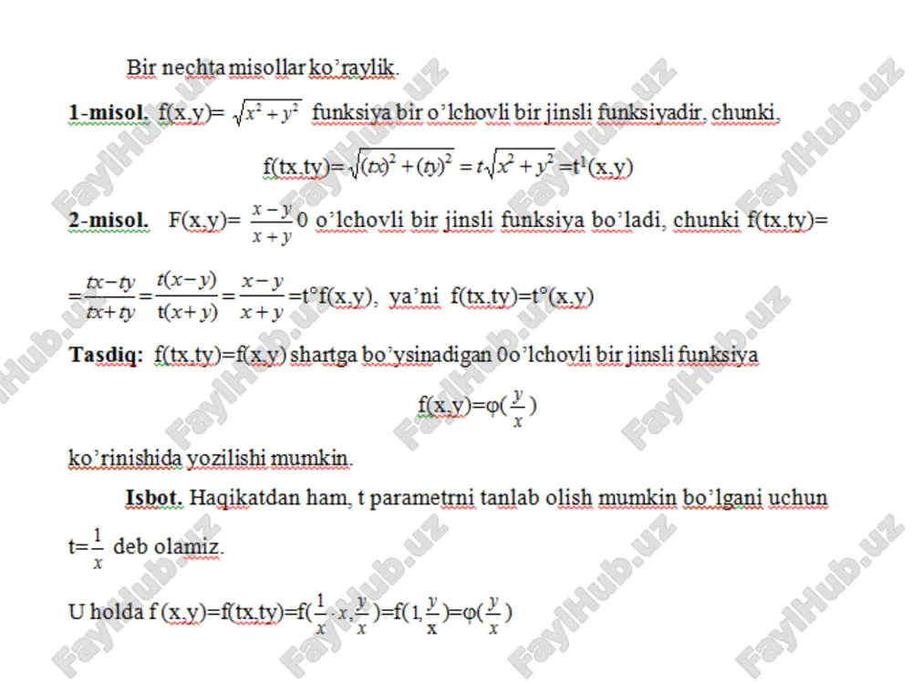 . umumiy yechimdan birortasini ajratib ko£rsatish uchun funksiyaning argumentni birorta qiy- matiga mos keladigan qiymatini ko‘rsatish lozim, ya’ni x=x0 da. y - y0 bo‘ladigan shart berilishi kerak. bu shart boshlang'ich shart deyiladi va y(x0)=y0 ko‘rinishida yoziladi. differensial tenglamaning boshlang‘ich shartni qanoatlan- tiruvchi yechimi uning xususiy yechimi deb ataladi. 1-misol. y' = 1 differensial tenglamaning umumiy yechimi y = x + c funksiyadan iborat, bunda c - ixtiyoriy son. buni tekshiramiz. yechish. y' = (x + c )' = 1. topilgan natija berilgan tenglamaga qo'yilsa, 1=1 ayniyat hosil bo'ladi. c ning turli qiymatlariga tenglamaning turli xususiy yechimlari mos keladi. ular koordinatalar tekisligida y = x bissektrisaga (c = 0 holi) parallel to‘g‘ri chiziqlar to’plamini tashkil etadi (1- rasm). 1-rasm. umuman, y' = f(x) (1) ko’rinishdagi tenglamalar eng sodda differensial tenglamalardir. (1) tenglamani yechish uchun uni ko'rinishga, so'ngra dy = f(x)dx ko’rinishga keltiramiz. endi tenglikning ikkala qismini integrallasak yoki ga ega bolamiz. …