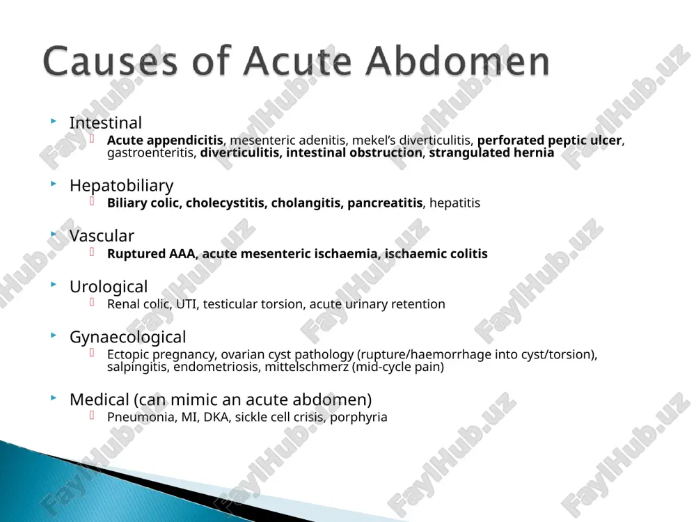 er) bile (liver biopsy, post-cholecystectomy) urine (pelvic trauma) pancreatic juice (pancreatitis) blood (endometriosis, ruptured ovarian cyst, abdominal trauma) note: although sterile at first these fluids often become infected within 24-48 hrs of leakage from the affected organ resulting in a bacterial peritonitis pain constant and severe (site will give clue as to cause, or maybe generalised) worse on movement (hence shallow breathing in those with generalised peritonitis to keep the abdomen still) eased by lying still if localised peritonitis – peritonism is in a single area of the abdomen if generalised peritonitis – peritonism is all over abdomen with board like rigidity signs of ileus (generalised peritonitis > localised peritonitis) distention vomiting tympanic abdomen with reduced bowel sounds signs of systemic shock tachycardia, tachypnoea, hypotension, low urine output more prominent with generalised than localised peritonitis diagnosis most often made on history and examination if localised peritonitis investigations are those listed …