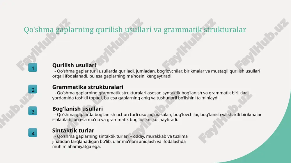 lning rivojlanishi va muloqotda qo'llanilishini aniqlaydi. syntaktik bog'lanishning turli xil shakllari va ularning ma'nodagi roli syntaktik bog'lanish turlari turk tilida syntaktik bog'lanishlar turli shakllarda bo'lib, har biri ma'noni ifodalashda muhim rol o'ynaydi. ular yordamida gaplar mantiqiy va semantik bog'lanishni ta'minlaydi. qo'shma gaplarning ma'nodagi roli bu bog'lanishlar yordamida fikrlar va fikrlar o'rtasidagi bog'liqlik mustahkamlanadi, ma'no ochiqligi va ravonligi ta'minlanadi. bu, ayniqsa, yozma va og'zaki muloqotda muhimdir. bog'lanish usullari turk tilida bog'lanish usullari yordamida gaplar o'zaro bog'lab, ularning ma'nosi va syntaktik tarkibi yaxshiroq tushuniladi. bu usullar til rivojlanishi va tarixiy o'zgarishlarda muhim ahamiyatga ega. tarixiy manbalarda qo'shma gaplarning syntaktik tuzilishi va xususiyatlari 01 tarixiy manbalarda qo'shma gaplarning syntaktik tuzilishi va xususiyatlari tarixiy manbalarda qo'shma gaplar odatda oddiy va soddalashtirilgan bo'lib, ularning sintaktik strukturalari yozma va og'zaki shakllarda farq qiladi. 02 etnolingvistika xususiyatlari eski turk tilida qo'shma gaplarning etnolingvistik xususiyatlari ularning madaniy va muloqot kontekstlariga bog'liq bo'lib, bu tilda turli dialekt va yozma …
