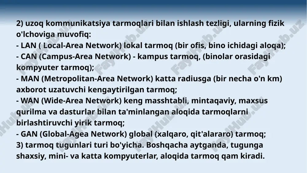 motlar almashinuvi; 1968y 4 ta kompyuterni birlashtiruvchi dastlabki yangi tarmoq. 1972y tarmoqda 50 dan ortiq universitet va laboratoriyalarning ishtiroki. 1974y maolumot almashinuvida tcp/ip protokolining yaratilishi. dastlabki xizmat turlari: telnet – kompyuterlarni buyruq satri rejimida masofadan boshqarish ftp (file transfer protocol) – fayllarni uzatish va qabul qilish elektron pochta (e-mail, electronic mail) – maolumot almashinuvi. 15 16 internet tarixidan 1982y yevropada unix-tarmogi (ungacha – aqsh, kanada, angliya mavjud boolgan) 1983y tarmoqning ikki qismga ajratilishi: milnet – aqsh da harbiy maqsadlar uchun internet – umumiy tarmoq. 1984y domen nomlari tizimi(dns) (www.mail.ru koorinishidagi adres) 1989y internetda 100 000 dan ortiq kompyutelar ishtiroki. 1991y www (world wide web) ning yaratilishi (t. bernes-li), gipermatn koorinishida maolumotlar almashinuvi. 1991y rossiyaning internetga ulanishi. 1994y dastlabki internet-dookonlari. 2008y internet saytlari soni 175 mln dan ortdi . 16 4. internet tarmoqiga bog’lanish internetga ulanishning eng keng tarqalgan usullari quyidagilardir: modem orqali. ajratilgan tarmoq orqali. gprs orqali. radio to’lqin orqali. …