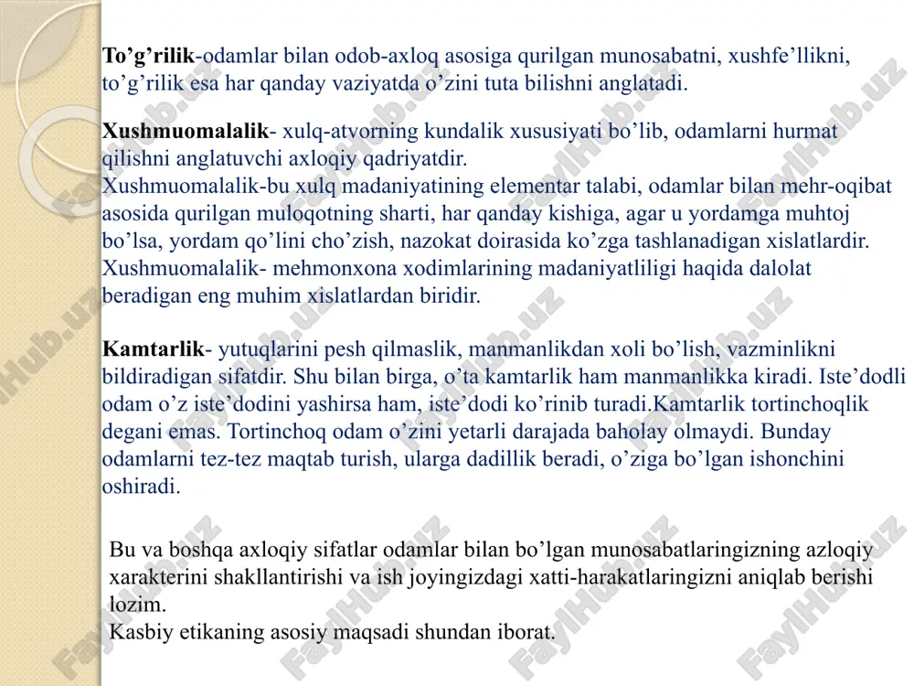 sizning o’z individualingizni saqlab qolishga intilishingiz va o’zingiz tanlab olgan hamkorlaringiz bilan ishlashni xohlashingiz-sizning “jamoaning yaxshi o’yinchisiga” aylanishingizga olib keladi. nomzodning bo’lajak lavozimga ishga o’tish maqsadida suhbatda ishtirok etishining samaradorligi uning kommunikativligi va shaxslararo muomala qilish qobiliyatlarining rivojlanganligiga bog’liqdir. kommunikatsiya kommunikatsiya- bu odamlarning o’zaro ish faoliyatidagi bir-biri bilan bo’lgan axborot ayirboshlashuvi. boshqacha aytganda, kommunikatsiya-bu muloqot. masalan, agar suhbat mobaaynida ish beruvchining ko’zlariga qarashga tortinsangiz, u sizni o’ziga ishonmaydigan odam deb o’ylaydi. muloqotlarda passiv emas, balki faol qatnashuvchi bo’lishga intiling va savol-javob qilishni o’rganing. shu sabab bilan siz ritorika usullarini, imo ishoralarva mimikalar yordamida suhbatlashishni o’rganing, suhbat davomida o’zingiz4ni tutib turishni, xulqingiz yaxshi bo’lishini ta’minlang shunda siz qay ishda bo’lmang, qay lavozimni egallamang, sizga doim muvaffaqiyatlar hamroh bo’ladi. kommunikatsiya verbal noverbal har qanday ma’lumotni ishoralar tizimi orqali uzatish mumkin. bu borada verbal va noverbal kommunikatsiya turlarini ajratmoq lozim. verbal- kommunikatsiya-bu nutq. noverbal-nutqsiz, so’zlashuvsiz kommunikatsiyadir. noverbal kommunikatsiya usullari nutq bilan so’zlashuvni to’ldiradi. …