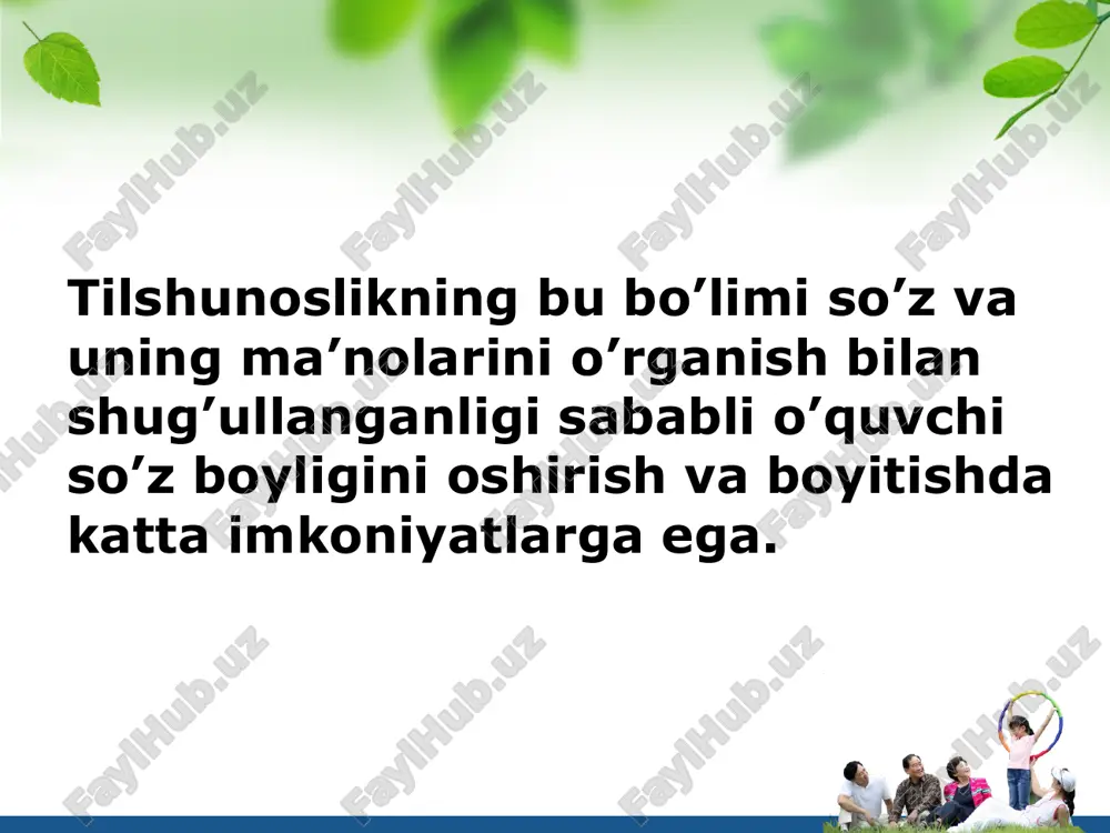 i – nomi bo‘lishi yoki aksincha bunday xususiyatga ega bo‘lmasligi mumkin. shunga ko‘ra ular mustaqil va yordamchi so‘zlar turkumlariga ajratiladi. tildagi mustaqil so‘zlargina leksik(lug‘aviy) ma’noga ega bo‘ladi va ular leksikologiyaning asosiy o‘rganish manbai hisoblanadi. so‘zning borliqdagi narsa, belgi, harakat kabilarni atash, nomlash xususiyati esa uning nominativ funksiyasi deyiladi. 11 monosemantik va polisemantik so‘zlar. tildagi so‘zlar bir va birdan ortiq ma’noga ega bo‘lishi mumkin. bir ma’nolilik hodisasi monosemiya, ko‘p ma’nolilik hodisasi esa polisemiya deb yuritiladi. masalan, marmar, g‘oya, xulosa, taassurot kabi so‘zlar va ilm - fan sohalariga doir atamalar bir ma’noli so‘zlardir. obrazets teksta vtoroy uroven tretiy uroven chetvertiy uroven pyatiy uroven 12 o‘z va ko‘chma ma’nolari tufayli ikki yoki undan ortiq ma’noga ega bo‘lgan so‘zlar esa ko‘p ma’noli (polisemantik) so‘zlar deyiladi. masalan: etak - choponning etagi, tog‘ning etagi. tilshunoslikda so‘zning ko‘p ma’nolilik xususiyatini o‘rganish muhim ahamiyat kasb etadi. chunki ko‘p ma’noli so‘zlar turli usullar vositasida ma’no ko‘chishi orqali o‘z ma’nosidan …