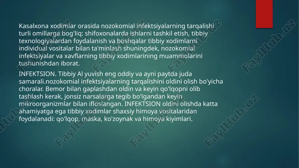 oqlarga alohida e'tibor beriladi; bornozlarni yaxshilab yuvish va boshqa shaxsiy kiyimlar; og'iz va burunni himoya qilish (iloji boricha bir marta ishlatiladi) ro'molcha) va boshni yaqin odamlardan ajratib olish yo'tal va hapşırma; ayniqsa, foydalangandan keyin qo'l yuvish dush. 1. federal "konventsiya nozokomial infektsiyalarni oldini olish kontseptsiyasi" va roli konsepsiyaning ayrim yo'nalishlarini amalga oshirishda hamshiralar. 2. tashkilotni boshqaruvchi yangi normativ hujjatlar va epidemiyaga qarshi va profilaktik choralar dezinfektsiya profil: - sanitariya qoidalari sp 3.5.675-97 «gigienik talablar muassasalar, tashkilotlar, korxonalar va shaxslar dezinfektsiya faoliyati " - sanitariya qoidalari qv 3.1.958-99 «virusli gepatitning oldini olish. umumiy talablar virusli gepatit epidemiologik kuzatuviga " - dezinfektsiyalash, tozalashni presterillashtirish bo'yicha ko'rsatmalar dori-darmonlarni sterilizatsiya qilish 12/30/98 yil, mu-2 87-113 3. l11u da ishlatiladigan dezinfektsiyalovchi guruhlar xarakterli va o'ziga xos xususiyatlarga ega. 4. tanlovda va hamshiraning vazifalari to'g'ri foydalanish tayyorgarlik dezinfeksiya va sterilizatsiya. 5. dezinfektsiyallarning sifatini nazorat qilish; oldindan sterilizatsiya qilish sterilizatsiyalashni tozalash infektsion nazorat qilish tamoyillarini ishlab chiqishda, …