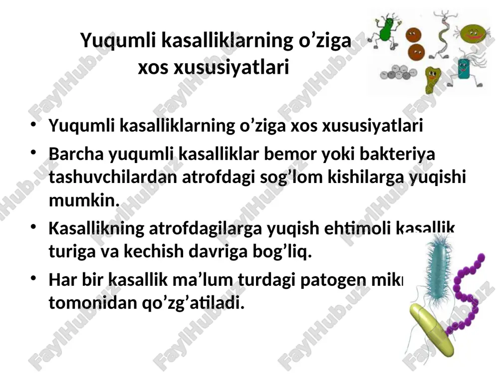 hma kema-ketligi (etapliligi) ko’proq joylashadigan soxalar (lokalizatsiya) toshma elementlari soni toshma elementlarining rivojlanish dinamikasi ba’zi transmissiv infeksiyalarda (tulyaremiya, borrelioz va boshqa lar) qo’zg’atuvchi teriga kirgan soxada birlamchi affekt, ya’ni teri koplamlari soxasidagi yalliglanish, kasallikning boshqa klinik belgilari bilan kechadi. kataral-respirator sindrom rinit angina bronxit bronxiolit pnevmoniya yuqumli kasalliklarda laborator tekshirish usullari bakteriologik bakterioskopik serologik virusologik allergologik bioximik yordamchi laboratoriya usullari: ekg, utt (uzd), rentgen, kt, mrt. yuqumli kasalliklarni davolash asoslari etiotrop davolash patogenetik davolash simptomatik davolash yuqumli kasalliklarda tartiblar tartib i – qat’iy tartib ii – yarim yotoq tartibi (palatno’y) tartib iii – umumiy parxez № 2 o’tkir ichak infeksiyalari rekonvalessensiya davrida buyuriladi. bunda jkt ni mexanik va termik ta’sirlardan ozod etiladi. aralash stol, hamma taomlar qirg’ichdan o’tkazilgan va maydalangan xolda tayyorlanadi. dukkaklilar, fasol va ko’k no’xat man etiladi. yuqumli kasalliklar bilan og’rigan bemorlar ovqatlanishi parxez № 4 diareya sindromida tavsiya etiladi (dizenteriya, salmonellez, esherixioz boshqa lar). go’shtli bulonlar, qaynatilgan …