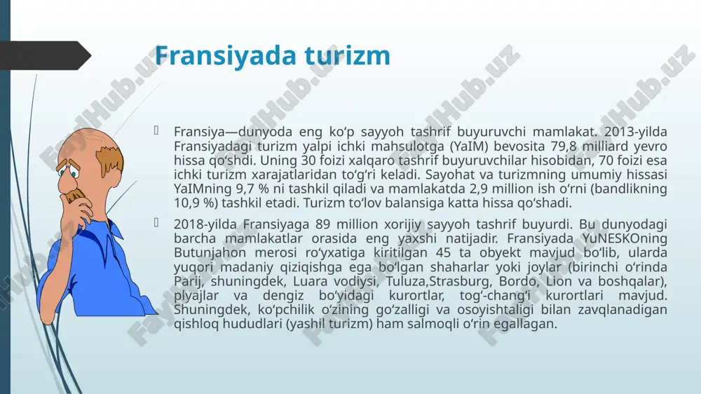 koʻplari talon-toroj qilingan va xazinalari oʻgʻirlangan. bir kechada agʻdarilgan zodagonlarning koʻpchiligi qashshoqlashib qolgan. birinchi jahon urushi va ikkinchi jahon urushi yillari paytida ham koʻplab tarixiy obidalarga shikast yetgan. ulardan baʼzilari ikkinchi jahon urushi tugaganidan keyin oʻz sayyohlik faoliaytini davom ettirgan.. bu jahon merosi obyekti amboise, anjers, blua, chinon, orlean va saumur kabi tarixiy shaharlaridagi meʼmoriy merosining sifati bilan diqqatga sazovordir. xususan, amboise de amboise kabi qasrlari bilan, d’ussé, de villandry, de chenonso va de montsoreau esa fransiya uygʻonish davri memuarlari bilan mashhurdir. luara vodiysi fransiya turizmi haqida qiziqarli faktlar frantsiya turizmi dunyodagi eng mashhur va jozibali sayyohlik yo'nalishlaridan biridir. fransiya turizmi haqida qiziqarli ma’lumotlar 1. parij fransiyaning poytaxti va eng ko‘p tashrif buyuradigan shahri. unda mashhur eyfel minorasi, luvr muzeyi, notr-dam sobori va montmartr kabi ko'plab diqqatga sazovor joylar mavjud. 2. fransiya yuneskoning dunyoda eng koʻp butunjahon merosi obʼyektlariga ega davlatdir. ushbu ro'yxat tarixiy va madaniy ahamiyatga ega bo'lgan joylarni …