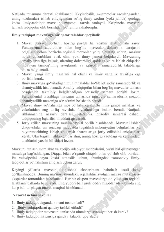 ning aniq bir sohasiga taalluqli ancha mayda ilmiy masalalarga asoslanadi. muammoni yoki masalani hal etishda muayyan tadqiqot vazifasi yechiladi, masalan, yangi materialni ishlab chiqish, konstruksiya, ilg‘or texnologiya va shu kabilarni yaratish. bunda ularni bajarish faqat nazariy ahamiyat kasb etibgina qolmay, balki asosan kutilayotgan muayyan iqtisodiy samaraga ega amaliy ahamiyat ham kasb etadi. muammo va mavzuni tanlash qiyin va masʼuliyatli ishdir, u bir necha bosqichda o‘z yechimini topadi. birinchi bosqichda, muammoviy vaziyatdan kelib chiqib, muammo ifoda etiladi va kutilayotgan natija umumiy tarzda belgilanadi. ikkinchi bosqichda, muammoning dolzarbligi, uning fan va texnika uchun ahamiyati aniqlanadi. uchinchi bosqichda muammo tuzilmasi ishlab chiqiladi – tema, kichik temalar, savollar va ular o‘rtasidagi bog‘liqlik farqlanadi. natijada muammo daraxti shakllanadi. keyinchalik, muammolar asoslangandan, uning tuzilmalari ishlab chiqilgandan so‘ng ilmiy xodim (yoki jamoa) qoidaga ko‘ra ilmiy-tadqiqot mavzuini mustaqil tarzda tanlaydi. ko‘pincha mavzuni tanlash tadqiqotni olib borishdan ko‘ra murakkabroqdir. ilmiy tadqiqot mavzusiga bir qator talablar qo‘yiladi: 1. mavzu dolzarb …