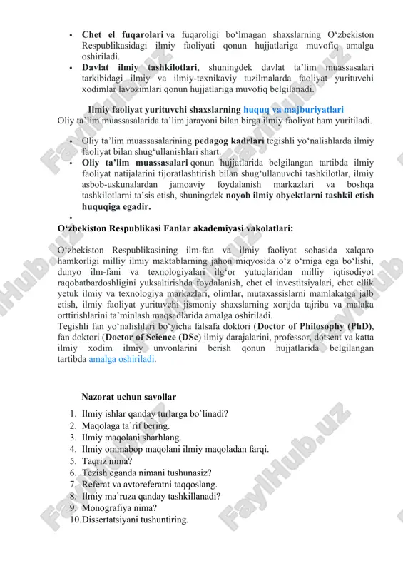 iya asosida uning muallifi alohida matnni yaratadi. uning hajmi kichik broshyuraga teng bo‘ladi. bu matn dissertasiyaning avtoreferati deb nomlanib, ma’lum sxema bo‘yicha dissertasiya mazmunining qisqa bayonidir. dissertasiyaning to‘liq matni bilan dissertasiya himoyasi bo‘layotgan muassasaning kutubxonasi, milliy kutubxona va ba’zi bir boshqa kutubxonalarda tanishish mumkin. avtoreferatlar dissertasiyaning himoyasidan oldin mazkur muammo bo‘yicha adabiyotlar mavjud bo‘lgan barcha kutubxonalarga hamda o‘xshash yoki yaqin muammolar bilan shug‘ullanadigan muassasalarning kutubxonalariga yuboriladi. bundan tashqari dissertasiya tadqiqoti mazmunining eng ahamiyatli aspektlari odatda, mazkur muallifning joriy nashrlari(maqola, ma’ruza)da o‘z aksini topadi. ilmiy-uslubiy ishlar ta’lim jarayonining o‘quv-uslubiy ta’minotini tashkil etuvchi o‘quv dasturlari, o‘quv-uslubiy va uslubiy-metodik adabiyotlardan iborat bo‘lib, ular ilmiy- nazariy va ilmiy-uslubiy izlanishlarning o‘zaro ta’siri natijasida yuzaga kelgan janr o‘quv- uslubiy janrdir. ularga mansub matnlar ilmiy-nazariy tadqiqotlardan olingan natijalar ilmiy- uslubiy tadqiqotlar asosidagi o‘qish jarayoniga kiritilishi uchun mo‘ljallangandir. o‘quv- uslubiy adabiyotlari bosma – nashr qilingan va elektron adabiyotlar turlariga bo‘linadi. o‘quv-uslubiy adabiyotlarning eng keng qo‘llanadigan turlari darsliklar, o‘quv …
