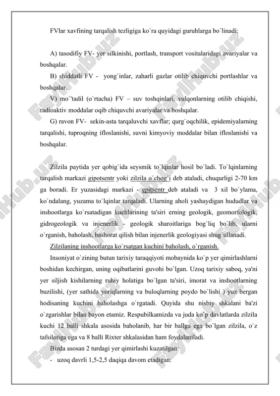 faqatgina seysmik asboblargina qayd qiladi. 2ball–juda kuchsiz. uy ichida o`tirgan ba'zi odamlar sezish mumkin. (derazalar titraydi). 3 ball – kuchsiz – ko`pchilik odamlar sezmaydi, ochiq havoda tinch turgan odam sezishi mumkin. osilgan jismlar asta-sekin titraydi. 4 ball – o`rtacha sezilarli. ochiq havoda turgan odamlar va bino ichidagi kishilar sezadi. uy devorlari qirsillaydi. ro`zg`or anjomlari titraydi, osilgan jismlar tebranadi. 5 ball – ancha kuchli. hamma sezadi, uyqudagi odam uyg`onadi. ba'zi odamlar hovliga yugurib chiqadi. idishdagi suyuqliklar chayqalib to`kiladi, osilgan uy jihozlari qattiq tebranadi. 6 ball – kuchli. hamma sezadi, uyqudagi odam uyg`onadi. ko`pchilik odamlar hovliga ugurib chiqadi. uy xayvonlari betoqat bo`ladi. ba'zi hollarda kitob javonidan kitoblar, javonlardagi idishlar ag`darilib tushadi. 7 ball – juda kuchli. ko`pchilik odamlarni qo`rquv bosadi, ko`chaga yugurib chiqadi, avtomobil haydovchilari tamonidan harakat vaqtida ham seziladi, uy devorlarida katta-katta yoriqlar paydo bo`ladi, havzalardagi suvlar chayqaladi va loyqalanadi. 8 ball – yemiruvchi. xom g`ishtdan qurilgan imoratlar butunlay vayron bo`ladi, …