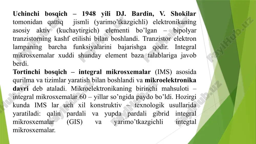 a kerakli shakl, oʻlcham va sirt xossalari berish uchun mexanik, kimyoviy va elektrokimyoviy qayta ishlash, yarimoʻtkazgich materiallardan oʻtish qismlarini olishda plastik va kristallarni qayta ishlash, asboblarni yigʻish va boshqalar oʻta nozik va murakkab bosqichlardan tashkil topadi. elektronika elektron va ionli hodisalarning tabiati va qanday muhit hamda moddada borayotganligiga qarab, vakuum elektronikasi, qattiq jism elektronikasi va kvant elektronikasi sohalariga boʻlinadi. har bir soha bir necha yoʻnalishlarni oʻz ichiga oladi. vakuum elektronikasi quyidagi qismlardan iborat: 1) emission elektronika, 2) elektronlar va ionlar oqimini hosil qilish va ularni boshqarish; 3) elektron lyuminessensiya; 4) yuqori vakuum fizikasi va texnikasi; 5) sirt hodisalari; 6) gaz razryadli asboblar fizikasi va boshqalar. vakuum elektronikasining asosiy yoʻnalishlari: elektron lampalar, yuqori chastotali elektron vakuum asboblar (magnetronlar, klistronlar, yuguruvchi toʻlqin lampalari va boshqalar), elektron nurli asboblar (kineskoplar, ossillograf trubkalari va boshqalar); fotoelektron asboblar (fotoelektron koʻpaytirgichlar va boshqalar); rentgen trubkalari, gaz razryadli asboblar (kuchli tok oʻzgartirgichlari, yorugʻlik manbalari, indikatorlar). qattiq jism …