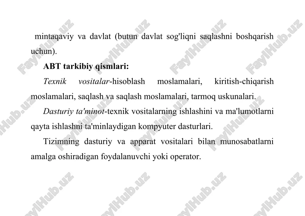 qilishlari mumkin. masalan, postdagi hamshiraning aij tibbiy tarixidan ularni turlari bo'yicha guruhlash orqali tayinlashni tanlashi mumkin va shifokorning aij turli xil tadqiqotlar uchun tegishli xizmatlarga murojaat qilishi va yuborishi mumkin (tabiiyki, shifokor tomonidan tayinlangan ko'rsatmalarga muvofiq). shunday qilib, mutaxassislar, bo'limlar, xizmatlar o'rtasida tibbiy ma'lumotlarning tezkor almashinuvi amalga oshiriladi. shu bilan birga, elektron tibbiy tarix bilan ishlash tibbiy muassasalarni boshqarishni avtomatlashtirishning asosidir. kasallik tarixi ma'lumotlar bazasi avtomatik rejimda har qanday darajadagi tafsilotlar bilan umumlashtiruvchi analitik, statistik va iqtisodiy hisob-kitoblarni amalga oshirishga imkon beradi. bunday ma'lumotlar yuqori aniqlik va ishonchlilik bilan ajralib turishi muhimdir. bu qabul qilingan boshqaruv qarorlarining yetarliligi va o'z vaqtida bajarilishini va umuman boshqaruv samaradorligini oshirishga yordam beradi. abt rivojlanishining quyidagi bosqichlarini ajratish odatiy holdir: 1. tizim tahlili va avtomatlashtirish maqsadini tanlash. (tizim nima qilishini va uning o'zgaruvchan ehtiyojlari va turli qiziqishlarini hisobga olgan holda foydalanuvchilar tomonidan qabul qilinishi uchun qanday talablarga javob berishi kerakligini aniqlash kerak. tizimning maqsadli …
