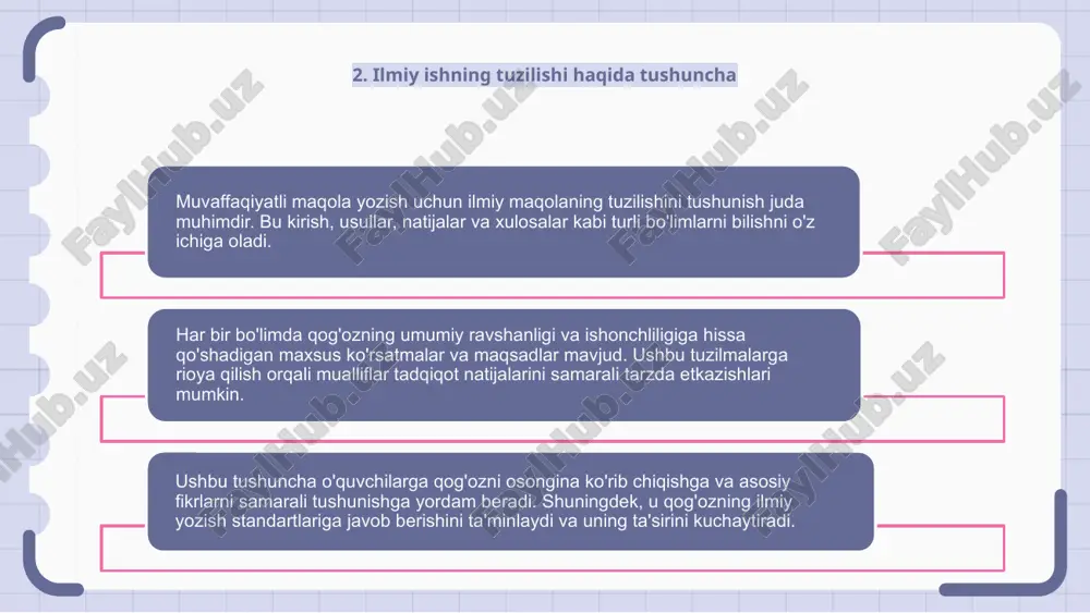 tengdoshlar va ekspertlarning fikr-mulohazalari qog'ozni yaxshilash bo'yicha qimmatli fikrlar va takliflarni berishi mumkin. ushbu fikr-mulohazalar asosida qayta ko'rib chiqish qog'ozning nashr etish uchun zarur bo'lgan standartlarga javob berishini ta'minlaydi. fikr-mulohazalarni inobatga olgan holda va shunga mos ravishda qayta ko'rib chiqish orqali mualliflar o'z yozuvlaridagi har qanday kamchiliklarni bartaraf etishlari mumkin, natijada yanada yorqinroq va yaxshi qabul qilingan ilmiy maqolaga olib keladi. e'tiboringiz uchun rahmat
