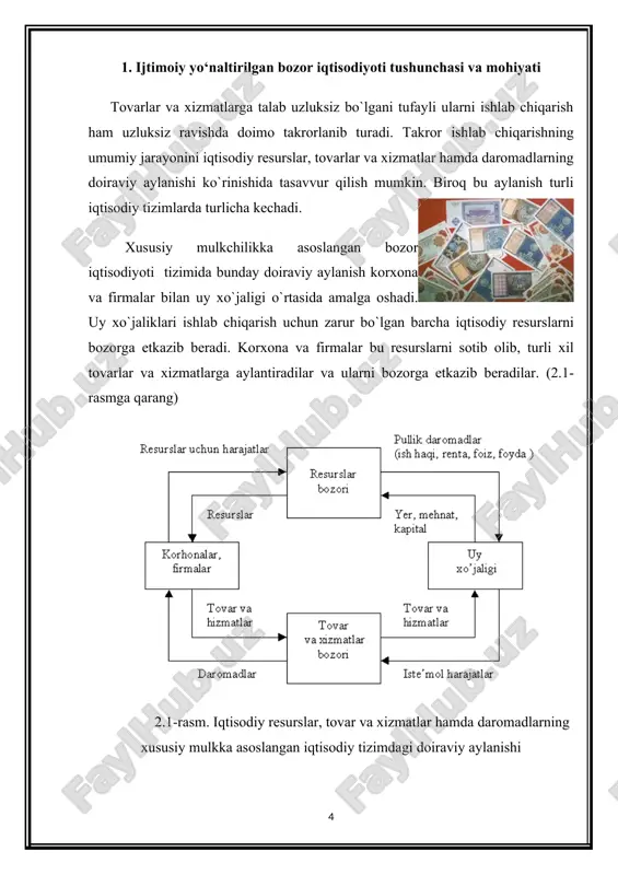 ibda, jamoaga birikkan holda, sherikchilik yoxud hissadorlik asosida, o`z mablag`iga yoki qarzga olingan mablag`ga tayanib xo`jalik yuritish, er va boshqa vositalarni ijaraga olish va ishlatish kabilar. bozor iqtisodiyotini tashkil etuvchi tadbirkorlar ko`pchilikdan iborat bo`lib, tarqoq holda foyda-zararni o`z zimmasiga olib ish yuritadi. lekin ularning faoliyati qanchalik tarqoq bo`lmasin, baribir bozor orqali bir-biriga bog`lanadi. bozor iqtisodiyoti erkin bo`lganligidan har qanday iqtisodiy monopolizmni, ya`ni korxona, tashkilot yoxud davlatning, umuman iqtisodiyotda yoki uning biror sohasida tanho hukmronlik qilishini inkor etadi. bu ham bozor iqtisodiyotining belgilaridan biridir. bozor iqtisodiyotining yana bir belgisi narxlarning liberallashuvi, ya`ni narx-navoning erkin tashkil topishidir. tovarlar narxini davlat yuqoridan belgilamaydi. narx ayrim ishlab chiqaruvchi yoki iste`molchi taziyqi ostida shakllanmaydi. u bozordagi talab va taklifga qarab, xaridor bilan sotuvchining savdolashuvi va kelishuviga asosan yuzaga keladi. shu tarzda shakllangan narxlar bozor munosabatlarining asosini tashkil qiladi. narx pul bilan o`lchanadi. bozor iqtisodiyoti pulsiz bo`lishi mumkin emas. pul iqtisodiy munosabatlarning asosiy vositasi bo`lib, iqtisodiyotda …