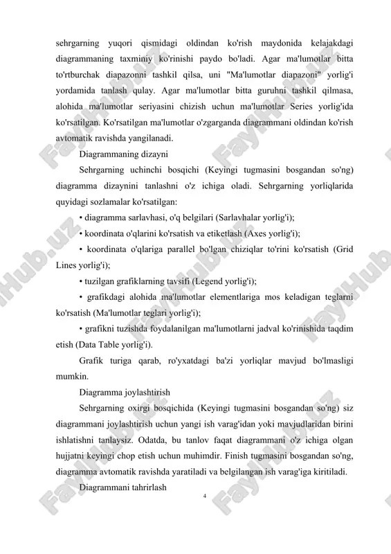 ni o'zgartirishingiz mumkin. diagrammani o'chirish uchun siz u joylashgan ish varag'ini o'chirishingiz mumkin (edit delete sheet) yoki ma'lumotlarni o'z ichiga olgan ish varag'iga o'rnatilgan diagrammani tanlang va delete tugmasini bosing. chizma diagrammalari deyarli barcha zamonaviy elektron jadval dasturlari o'rnatilgan biznes grafik imkoniyatlariga ega. shu maqsadda elektron jadval dasturida grafik rejim mavjud. grafik rejimda siz turli xil diagramma turlarini yaratishingiz mumkin, bu esa raqamli munosabatlarni yanada ingl. bir nechta miqdorlarni yoki bir miqdorning bir nechta qiymatlarini solishtirish , ularning qiymatlaridagi o'zgarishlarni kuzatish va h.k. uchun mo'ljallangan, ma'lumotni vizual ravishda tasvirlash vositasi. ko'pgina diagrammalar to'rtburchaklar koordinatalar tizimi yordamida chiziladi. gorizontal x o'qi mustaqil o'zgaruvchining (argument) qiymatlarini, vertikal y o'qi esa bog'liq o'zgaruvchining (funktsiya) qiymatlarini ifodalaydi. bitta rasmda bir vaqtning o'zida bir nechta diagrammalar tuzilishi mumkin. elektron jadval yordamida raqamli ma'lumotlarni grafik tarzda qayta ishlashda quyidagilar kerak: 1) diagramma quriladigan ma'lumotlar maydonini (hujayralar blokini) belgilang; 2) tanlangan hujayralar blokidan ma'lumotlarni tanlash (satrlar yoki …