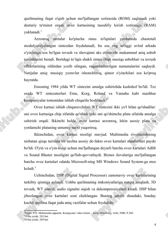 ystem-ga mos keladi.[footnoteref:5] [5: o'sha yerda. 269-bet] uchinchidan, dsp (digital signal processor) zamonaviy ovoz kartalarining tarkibiy qismiga aylandi. ushbu qurilmaning imkoniyatlariga nutqni aniqlash, 3d tovush, wt sintezi, audio signalni siqish va dekompressiyalash kiradi. dsp bilan jihozlangan ovoz kartalari soni cheklangan. buning sababi shundaki, bunday kuchli qurilma faqat juda aniq vazifalar uchun foydalidir. dsp qurilmalari odatda ancha qimmat, shuning uchun ular faqat professional audio kartalarga o'rnatiladi. hozirgi vaqtda eng kuchli dsp ishlab chiqaruvchilardan biri texas instruments hisoblanadi. to'rtinchidan, ovoz kartasi funksiyalarini anakartlarga integratsiya qilish bo'yicha barqaror tendentsiya mavjud. bir qator anakart ishlab chiqaruvchilari allaqachon o'z mahsulotlariga audio chiplarni qo'shayotgan bo'lsalar ham, ovoz kartalarini etkazib beruvchilar orasida tashvishlanish belgilari kam. o'rnatilgan audio ishlov berishdan foydalanishning mumkin bo'lgan muammosi ibm pc-ga mos keladigan kompyuterlarning cheklangan tizim resurslari, xususan, to'g'ridan-to'g'ri xotiraga kirish (dma) kanallaridagi ziddiyatlardir. bunday plataga misol qilib opti495 slc tizim platasini keltirish mumkin, u analog devices ning 16-bitli ad 1848 stereo audio …